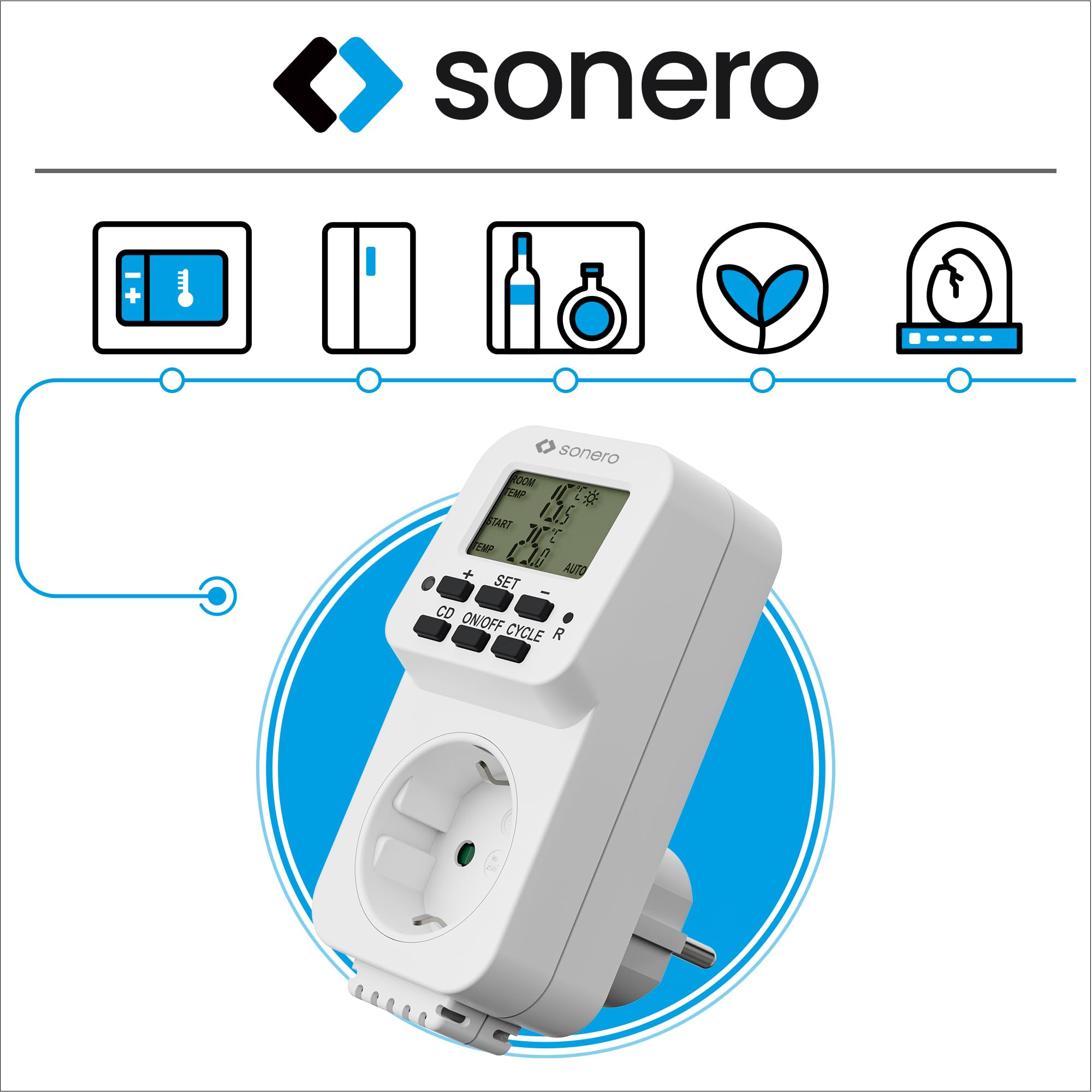 sonero digitales Thermostat Steckdose, Temperaturregler, Heizung, Kühlung, zeitgesteuert mit internem Fühler, für Terrarium, Gewächshaus, Räucherofen, als Frostwächter, 3600 Watt, weiß