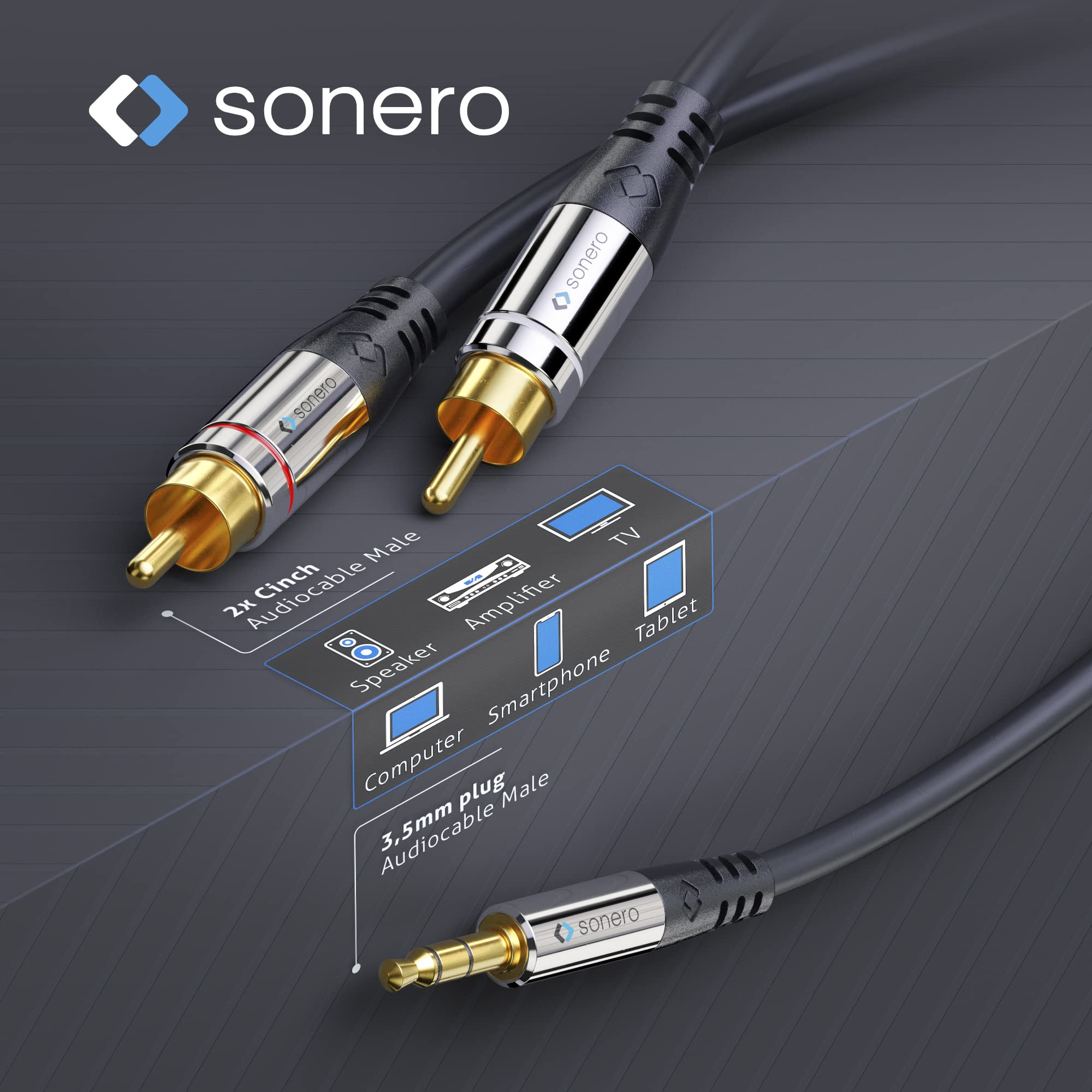 Sonero Premium 15,0m Cinch Kabel, 2x Cinch auf Klinke Kabel 3.5mm, Audio Kabel, HiFi-Anlage, AUX, schwarz