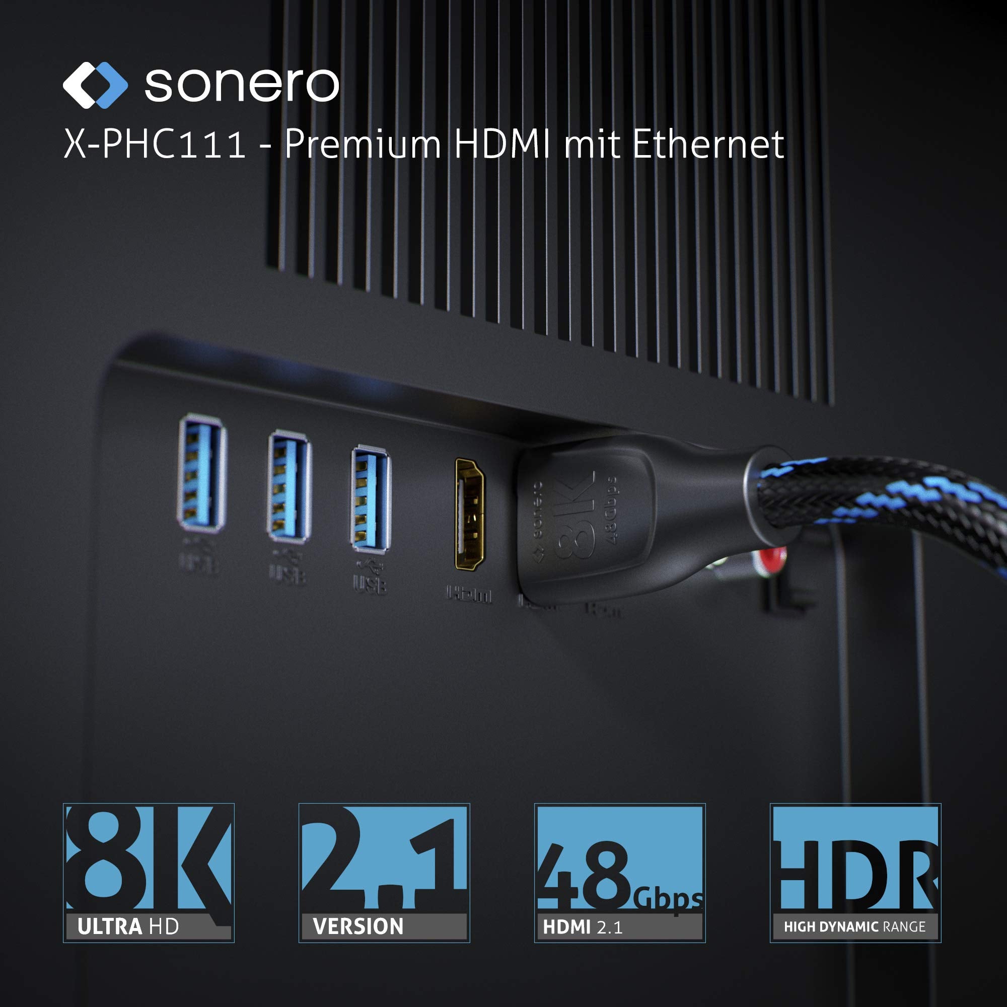 Sonero PHC111-010 8K Ultra High Speed HDMI Kabel mit Ethernet, Nylongeflecht, vergoldete Anschlüsse (8K UltraHD, 4K 3D mit 50Hz/60Hz, 48Gbps Full Bandwith, Dynamic HDR), 1,0m