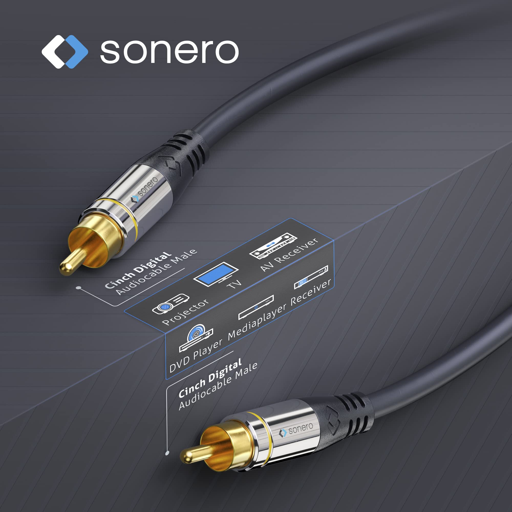 Sonero® Premium 7,50m Cinch Kabel, 1x Cinch Stecker auf 1x Cinch Stecker, Subwoofer, Verstärker, Beamer, AV Receiver, schwarz
