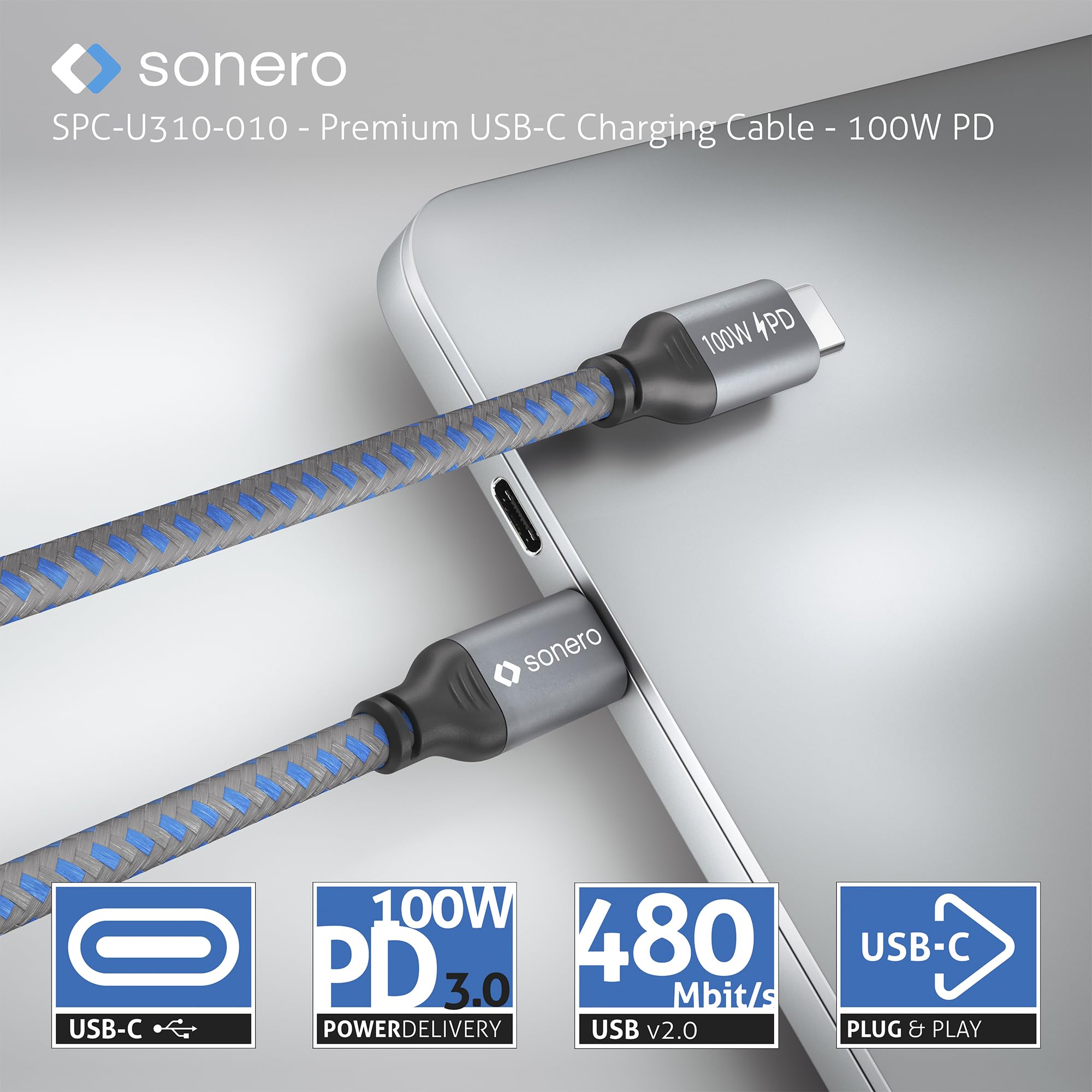 Sonero® USB-C Ladekabel, Handy-Ladekabel, Schnellladekabel, Kabel Typ C, USB 2.0, 100W PD, grau/blau, 0,50m