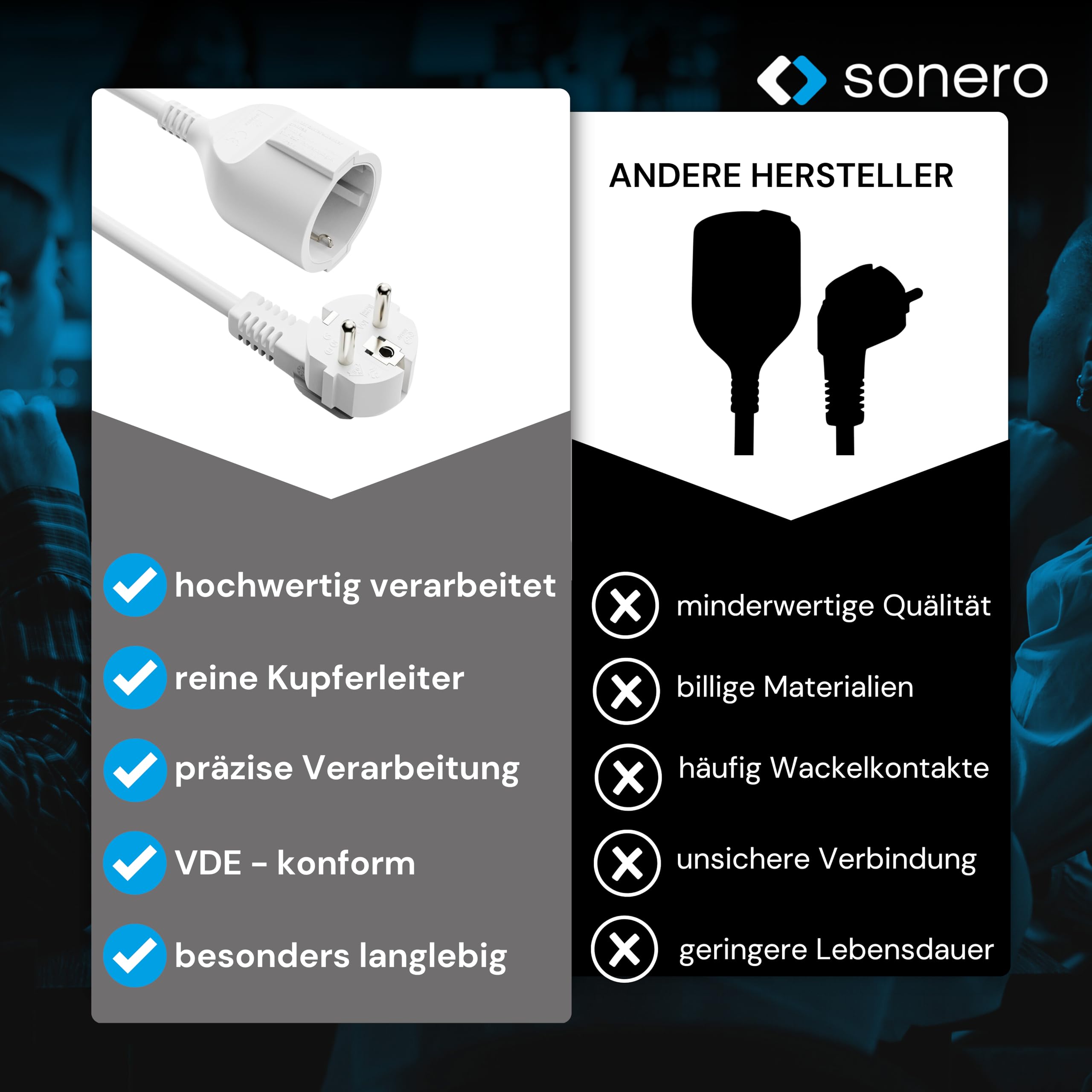 sonero Verlängerungskabel Stromkabel Verlängerung, 10,0m, Schutzkontakt Stecker auf Buchse, Strom Kabelverlängerung, Netzkabel, Steckdosenverlängerung Weiß