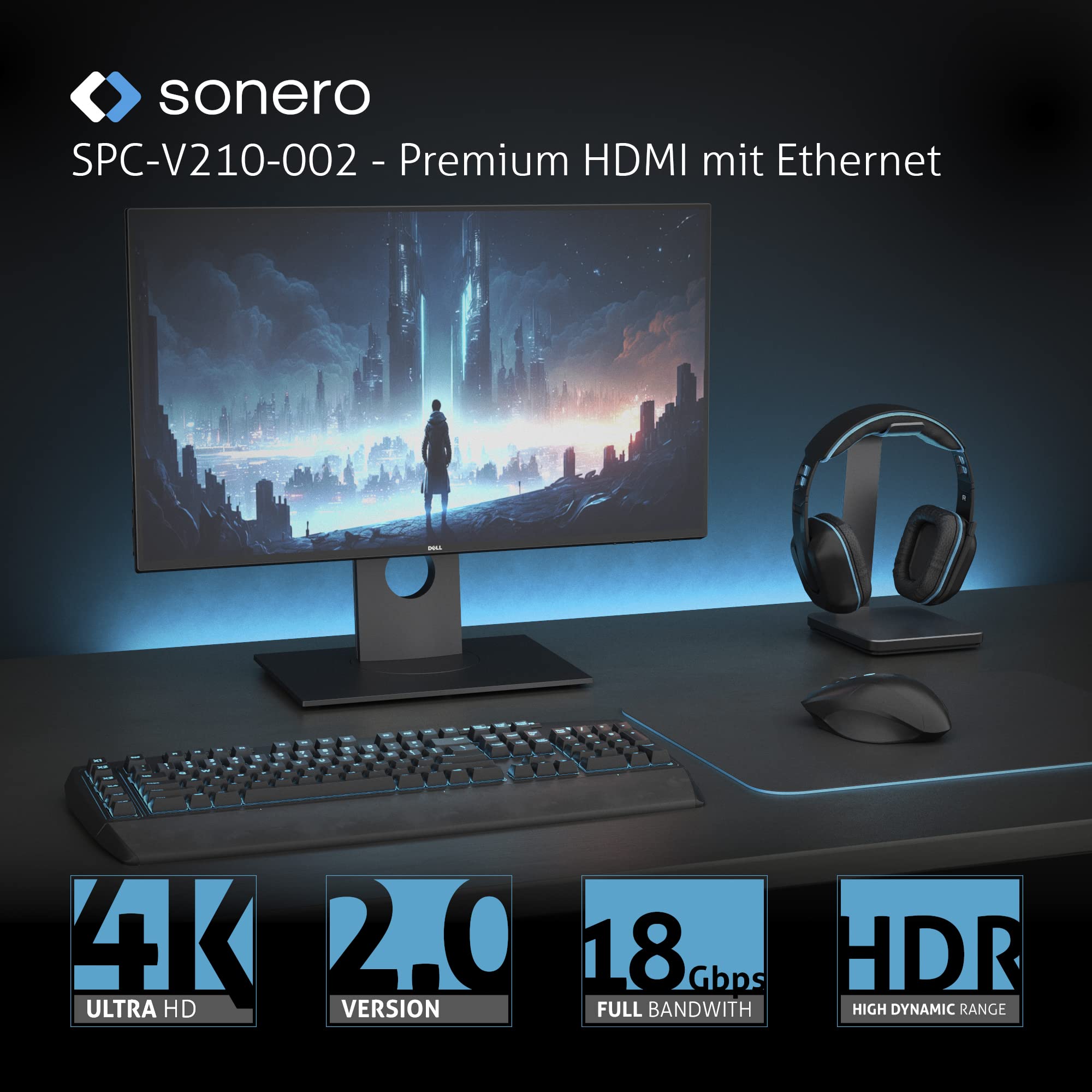 Sonero® 4K USB-C auf HDMI Adapter, HDMI Buchse auf USB-C Stecker, 4K 60Hz, 18GB/s, Baumwollmantel, grau/schwarz, 0,10 Meter