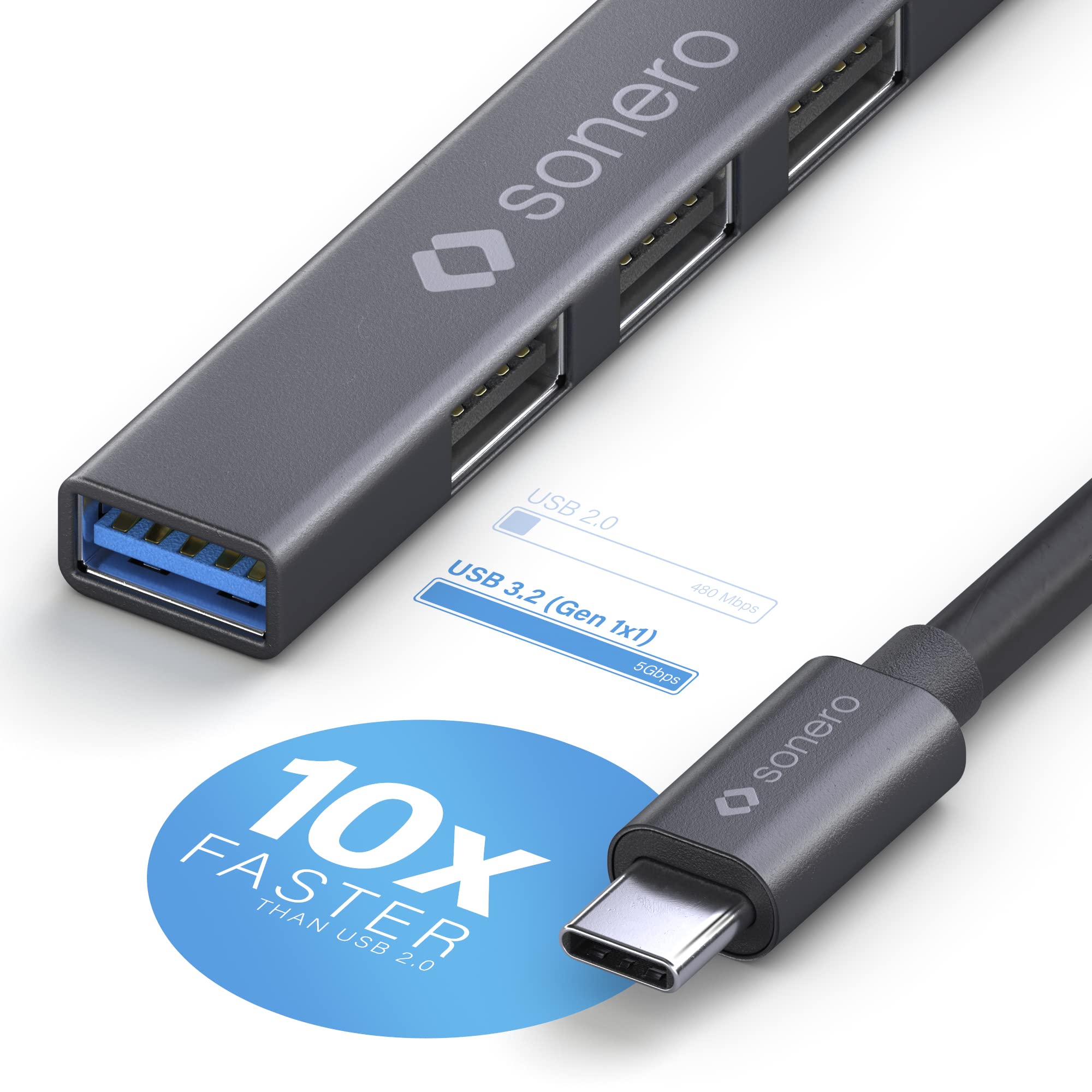 Sonero USB-Hub, USB-Verteiler, 4-Port, 1x USB 3.2 mit 5 GB/s, 3X USB 2.0 mit 480 MB/s, USB-C Stecker, Ultra Slim, Space Grey, 0,15m