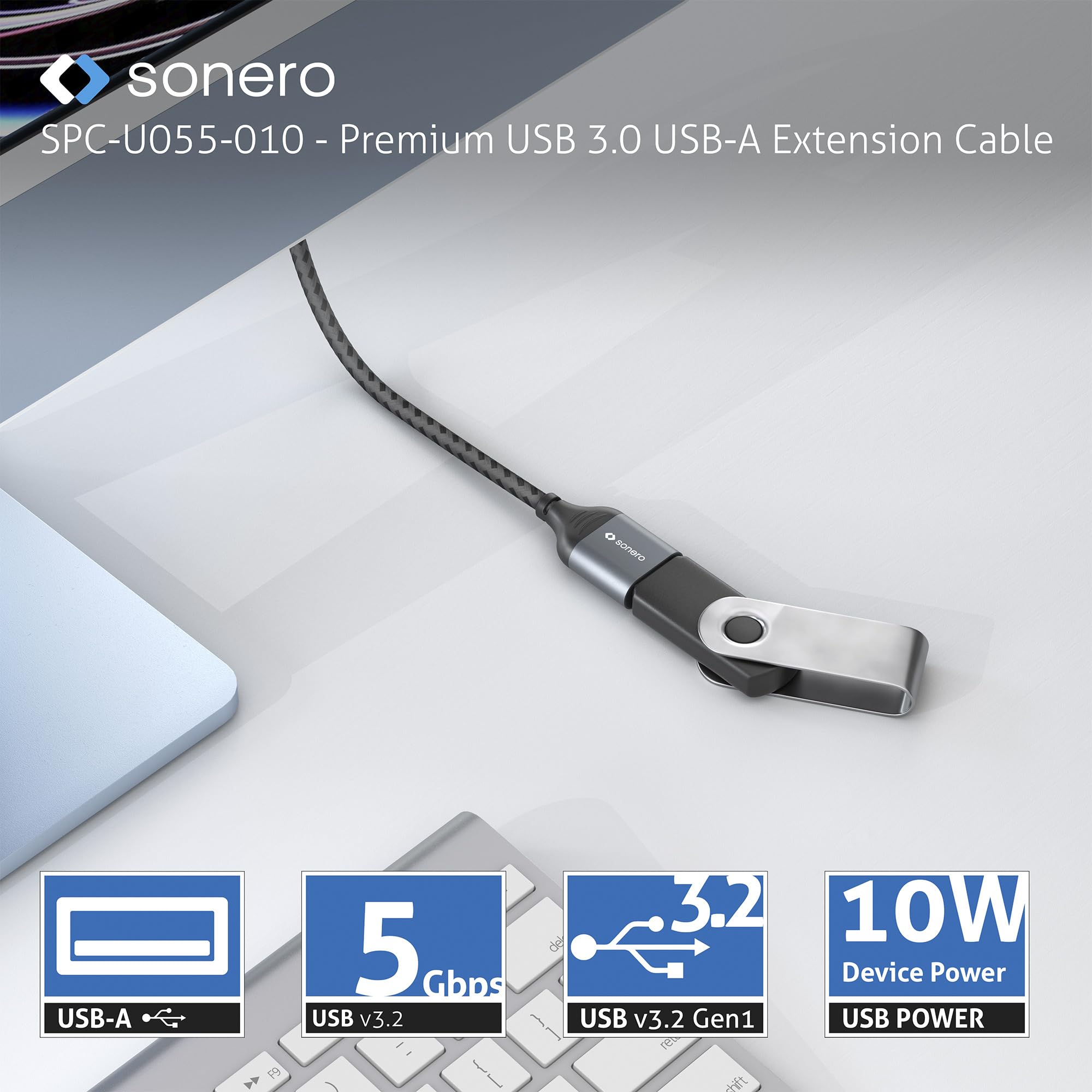 Sonero® USB-A auf USB-A Datenkabel, Verlängerungskabel, USB Kabel Typ A, USB 3.0, 5GB/s, space grey/schwarz, 0,50m