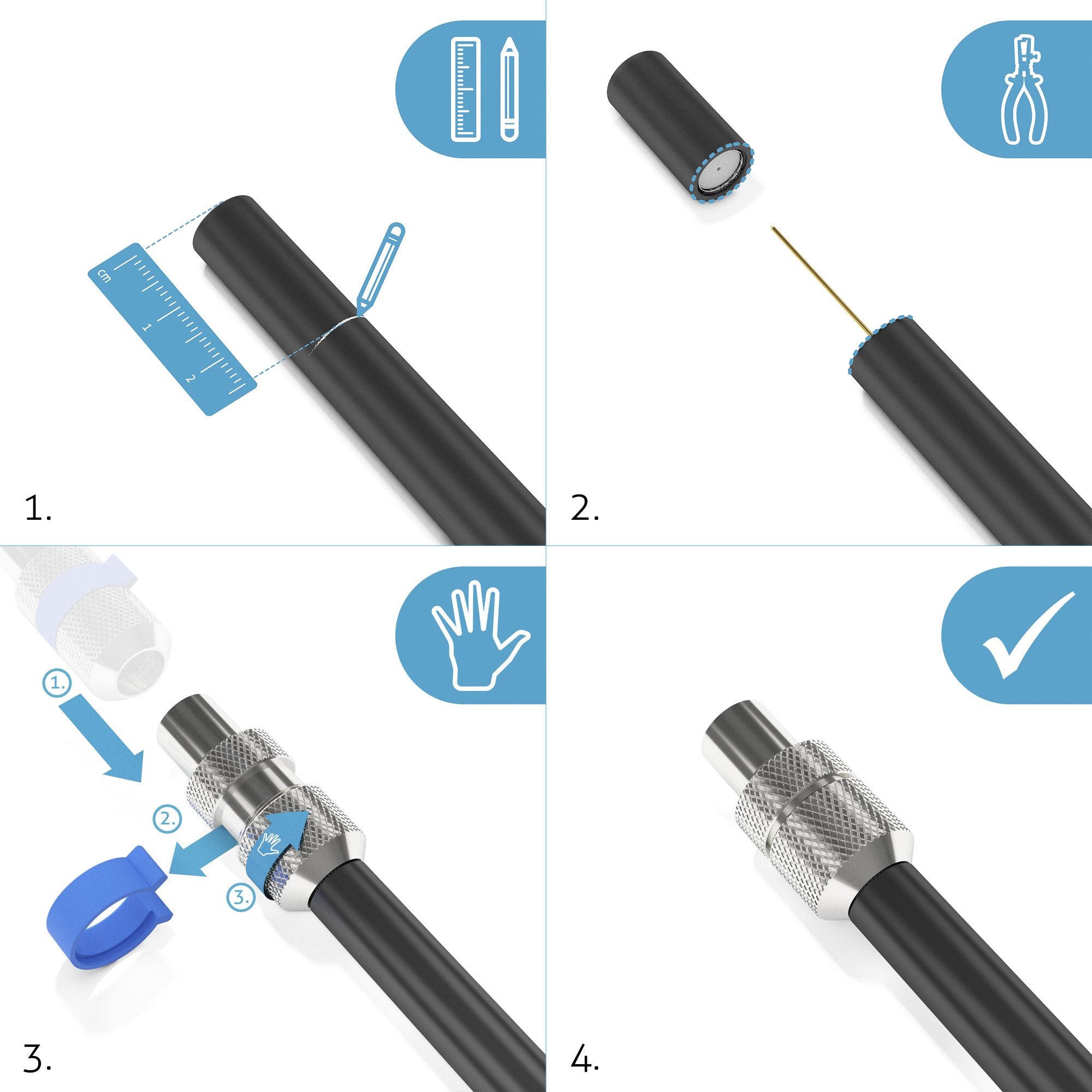 Sonero, IEC-Buchse für Sat-Kabel, Antennen-Kabel, Koaxial-Kabel mit ⌀ 6,5-7,5 mm, einfache Selbst-Konfektionierung, chrom, 4er-Set