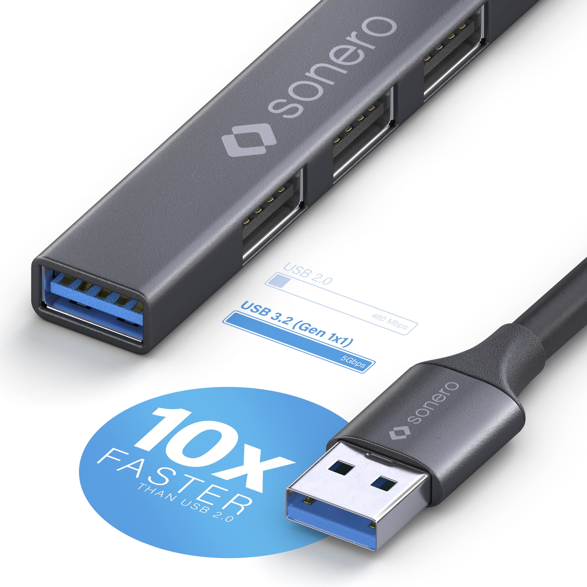 Sonero USB-Hub, 4-Port Verteiler, 1x 3.2 Mit 5 GB/s, 3x 2.0 Mit 480 MB/s, A Stecker, Ultra Slim, Space Grey, 0,15m, S-UH100-001