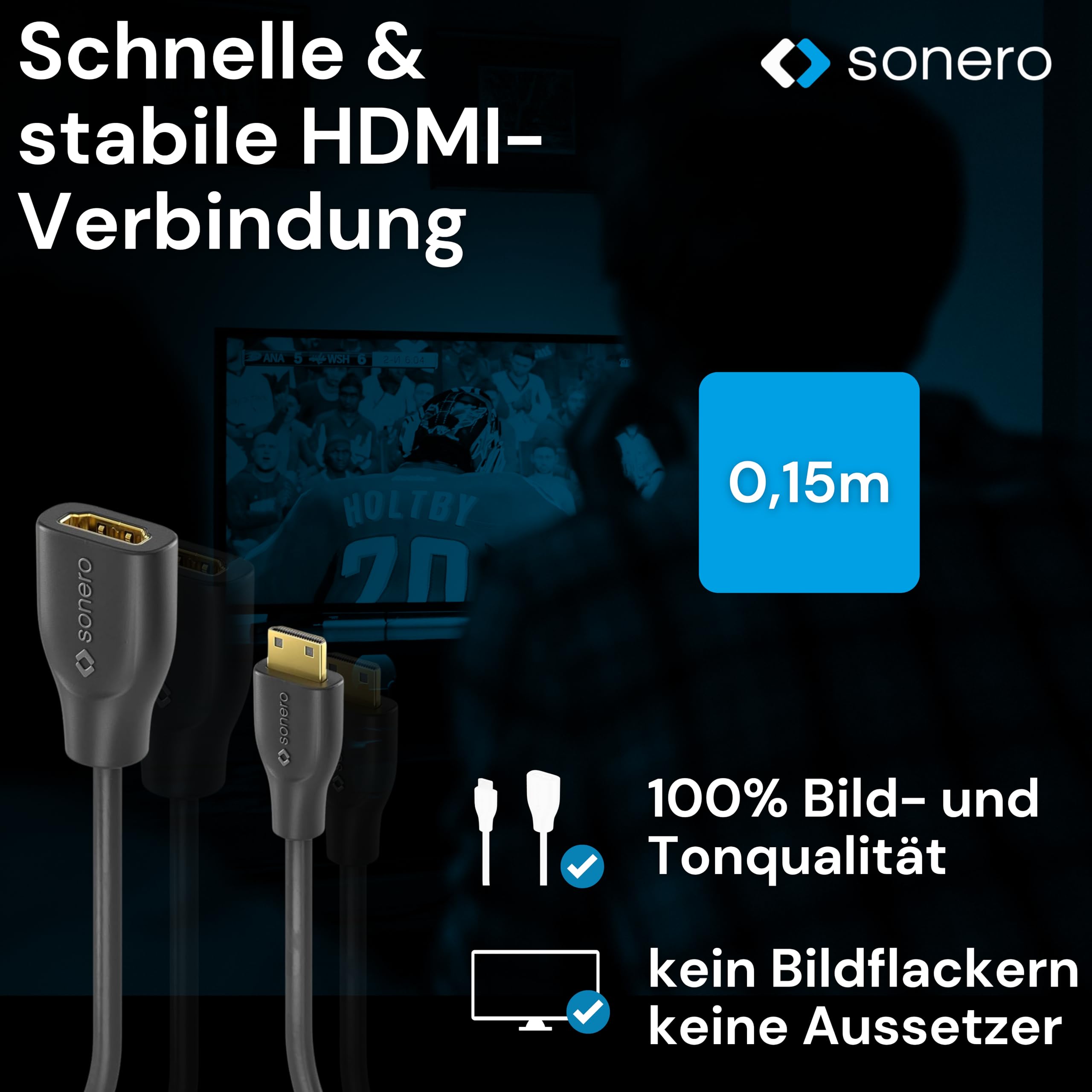 Sonero® Mini HDMI auf 4K HDMI Portsaver Adapter, Premium High Speed, Mini HDMI C Stecker auf HDMI A Buchse, vergoldete Kontakte, zweifache Abschirmung, PVC-Mantel, 0,15m