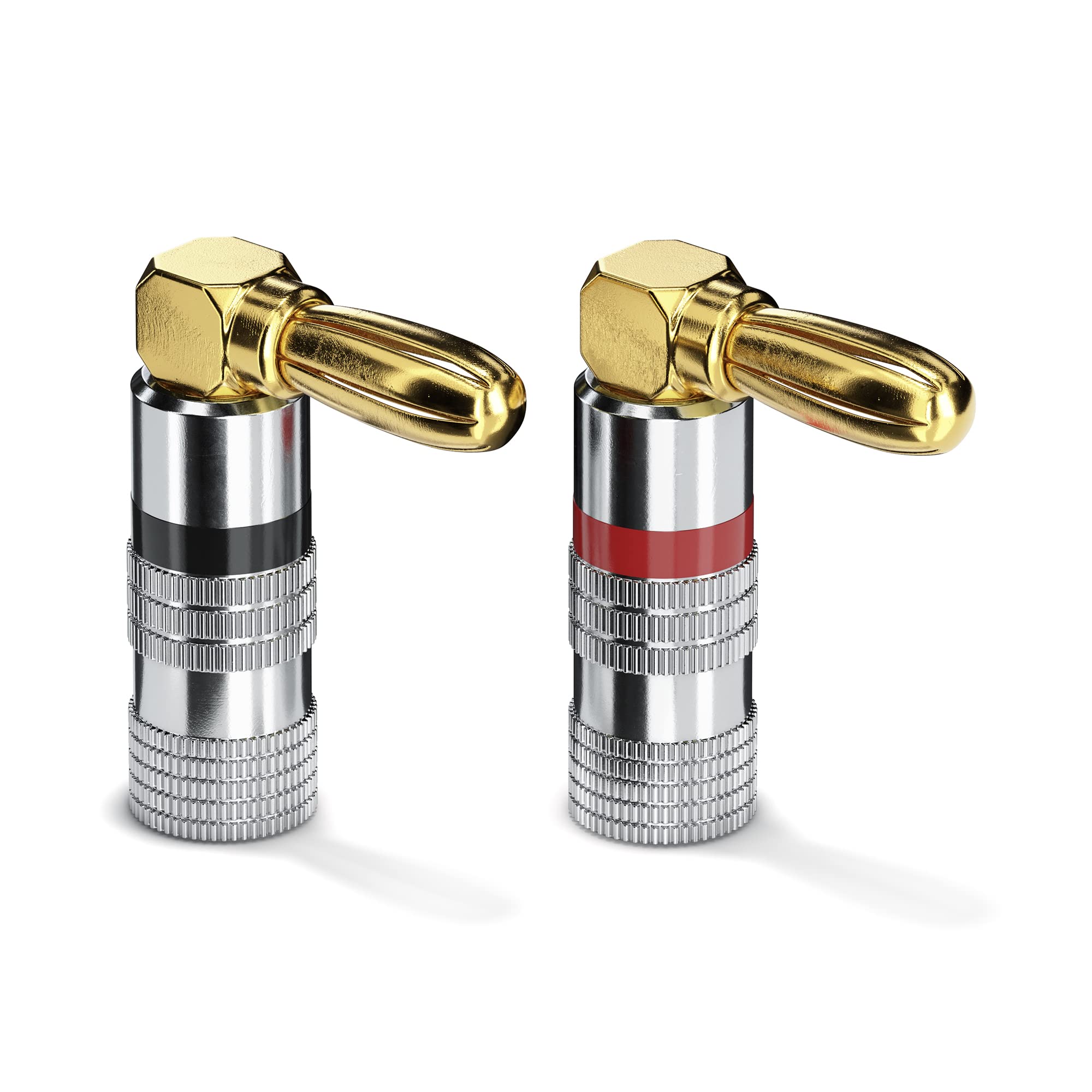 sonero® Bananenstecker 90° gewinkeltes 4er-Set, für alle Lautsprecherkabel mit einem Durchmesser bis max. 6mm², 4 Stück mit umlaufenden Farbring (2x rot, 2x schwarz), 24k vergoldet