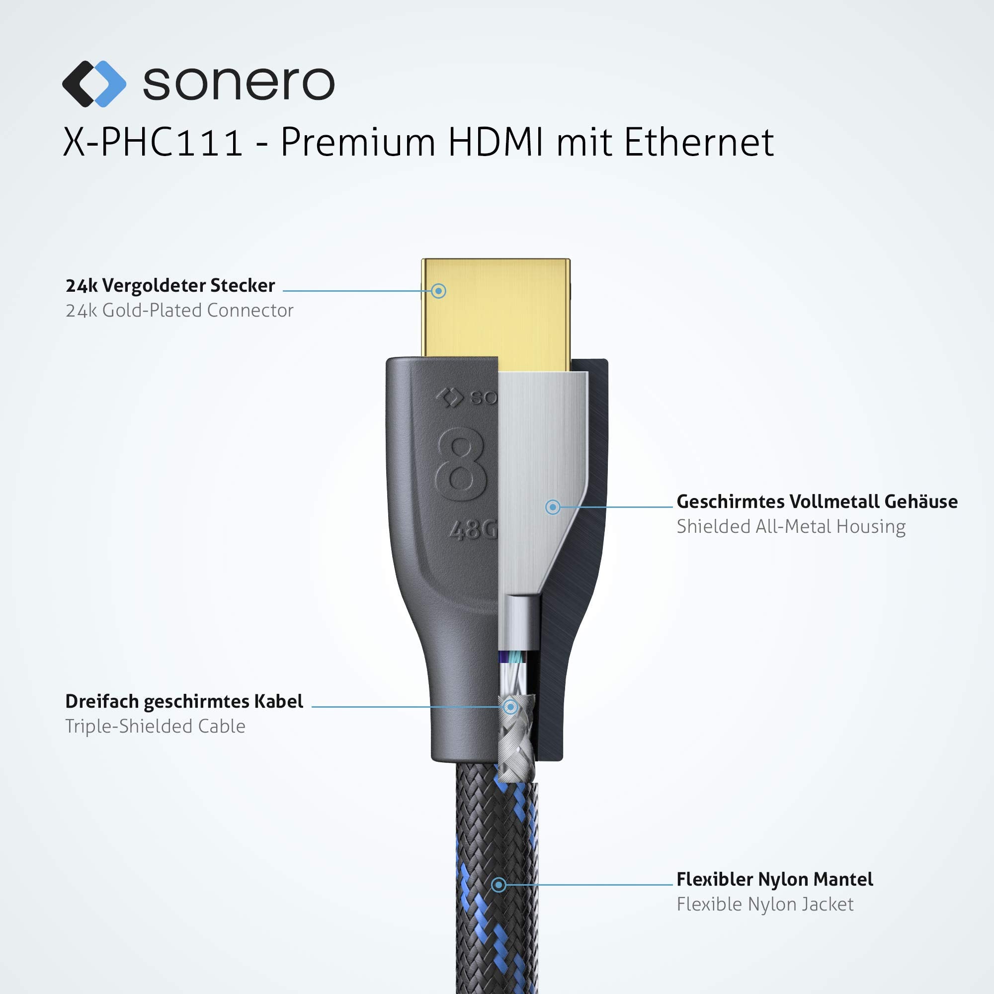Sonero PHC111-010 8K Ultra High Speed HDMI Kabel mit Ethernet, Nylongeflecht, vergoldete Anschlüsse (8K UltraHD, 4K 3D mit 50Hz/60Hz, 48Gbps Full Bandwith, Dynamic HDR), 1,0m