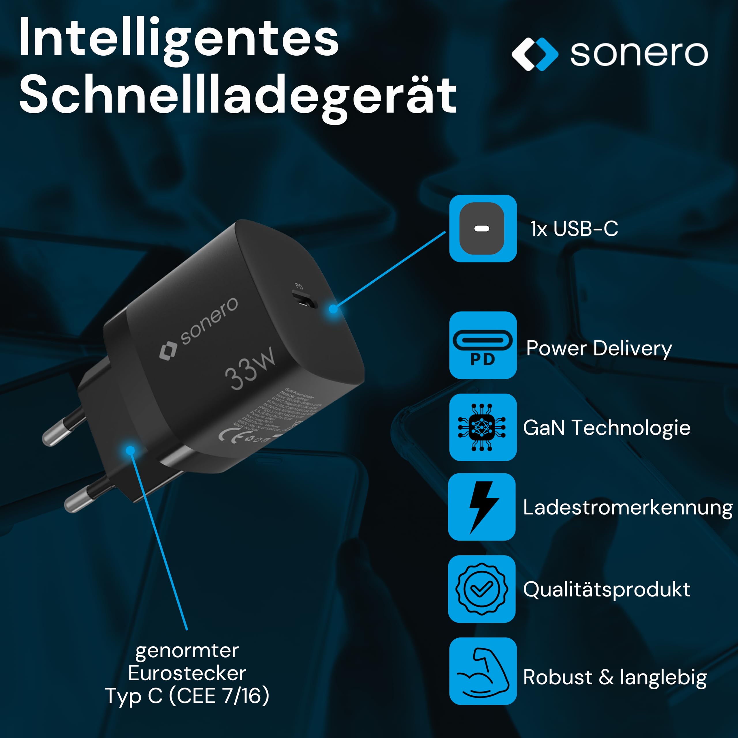 sonero USB-C Ladegerät, 1x 33 Watt USB-C Port, GaN Schnellladegerät, USB-Netzteil, Handy-Ladegerät mit automatischer Ladestromerkennung, schwarz