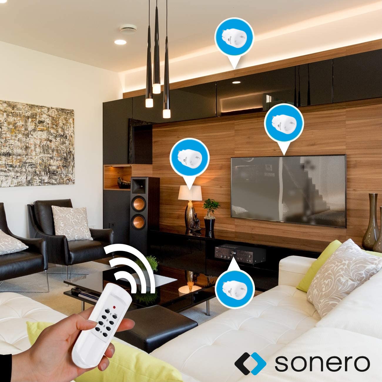Sonero Funk-Steckdosen Set 2300 Watt | 1x Fernbedienung, 4x Steckdose für den Innenbereich, 30m Reichweite, kompaktes Design, weiß, S-RCS104, 4er Set
