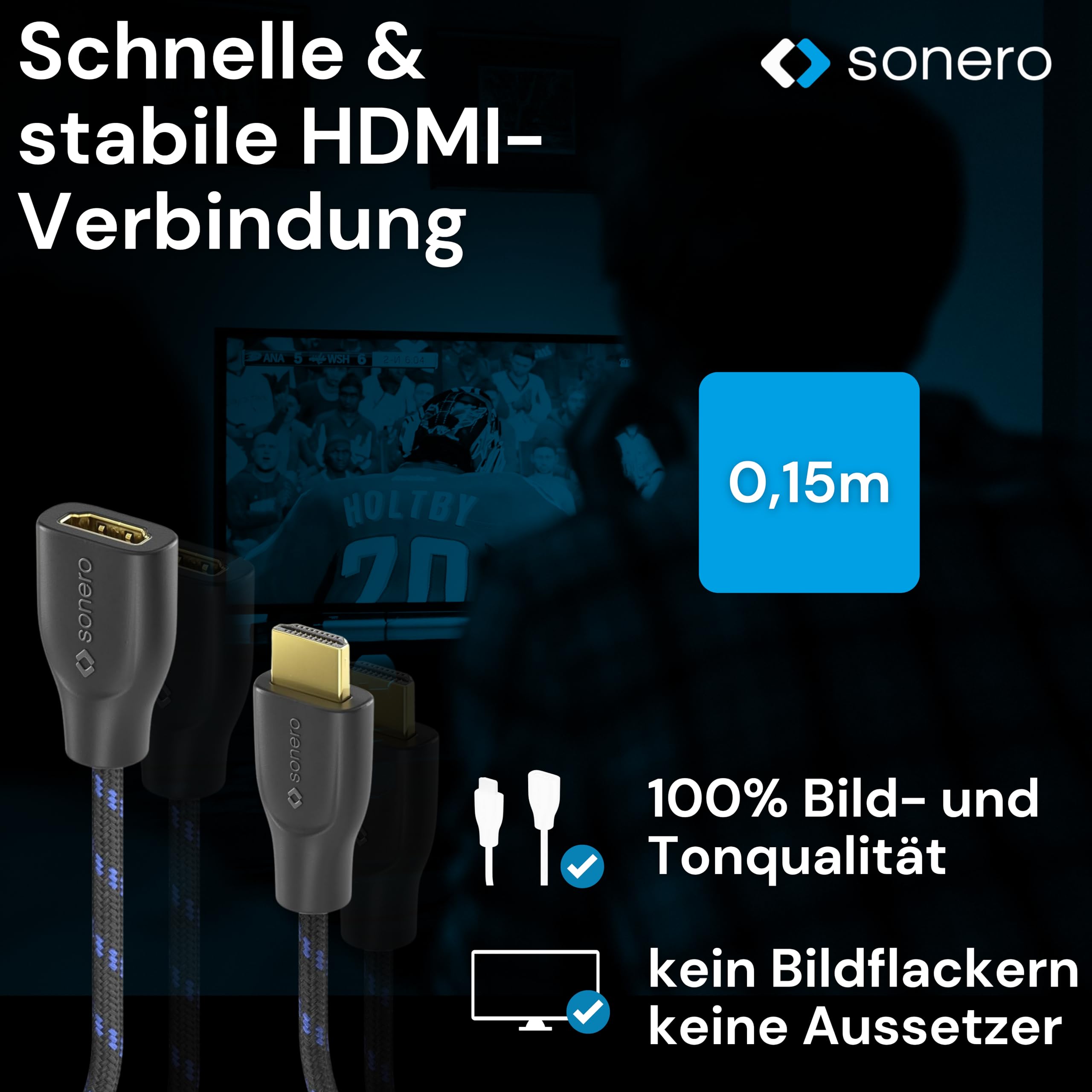 Sonero® 4K HDMI Portsaver Adapter, Premium High Speed, HDMI A Stecker auf HDMI A Buchse, vergoldete Kontakte, zweifache Abschirmung, Baumwollmantel, 0,15m