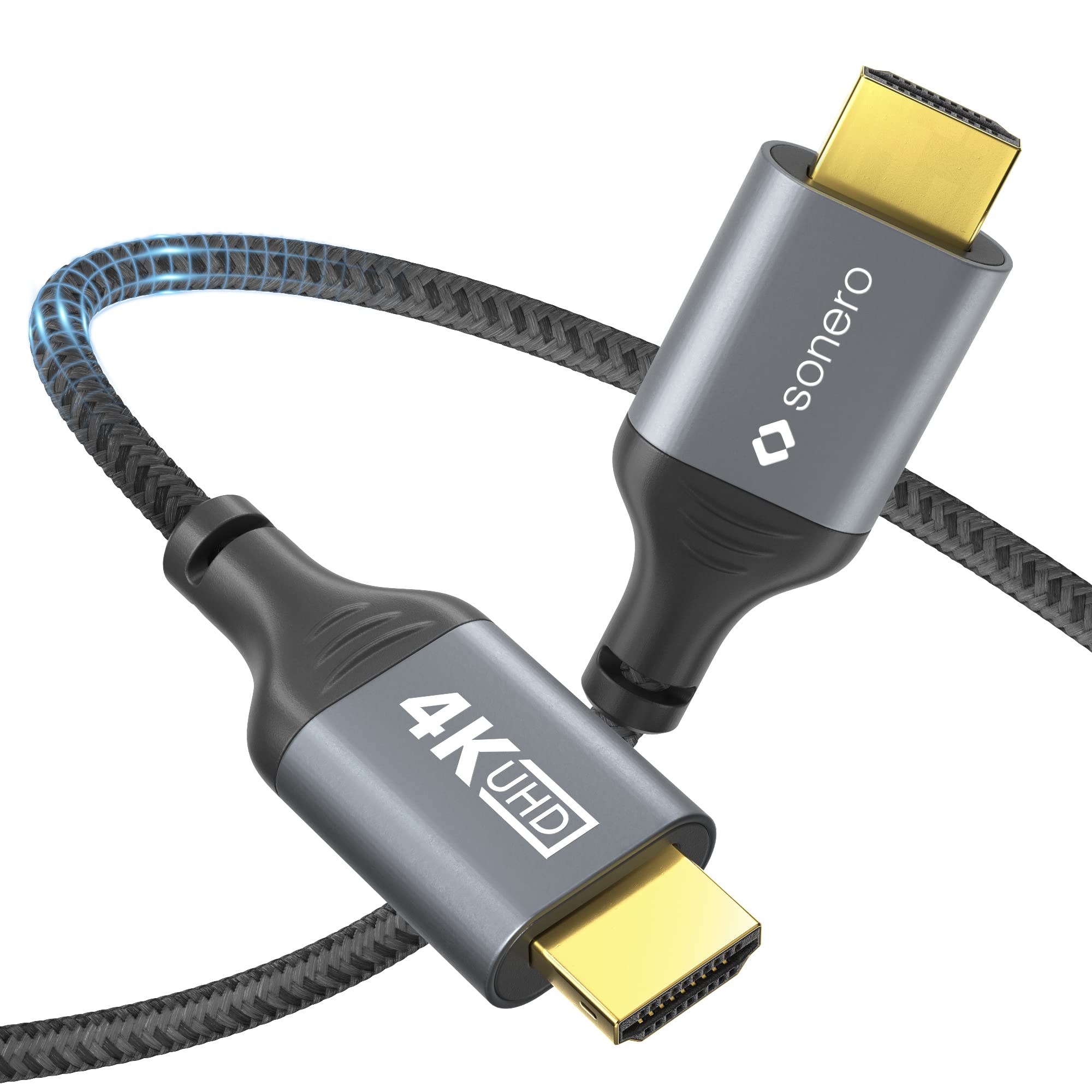 Sonero® 4K HDMI-Kabel, HDMI Stecker auf HDMI Stecker, HDMI 2.0, 4K 60Hz, 2K 120Hz, Baumwollmantel, grau/schwarz, 3,00 Meter
