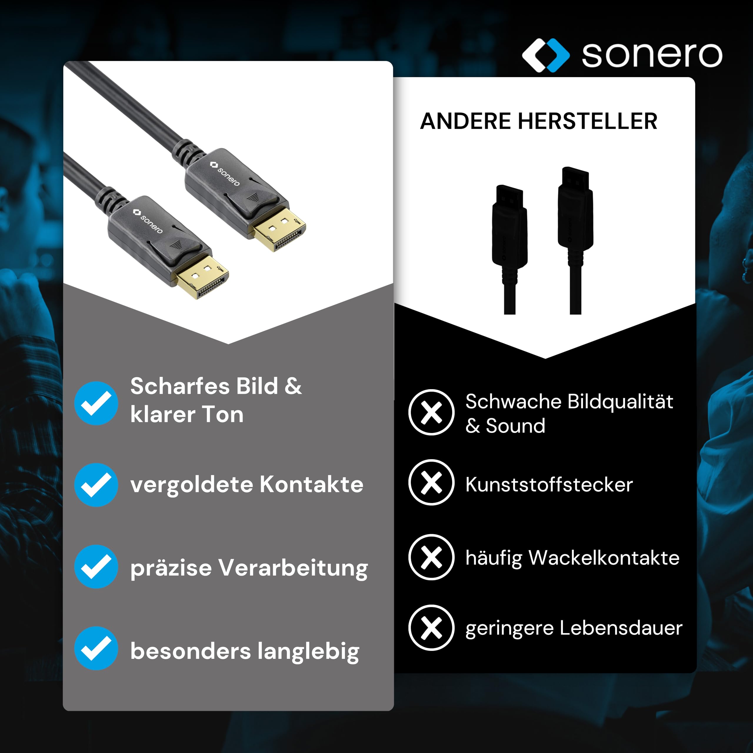 Sonero® 5m DisplayPort Kabel 1.2, DisplayPort auf DisplayPort, 4K 60 Hz, 2K 144Hz, schwarz