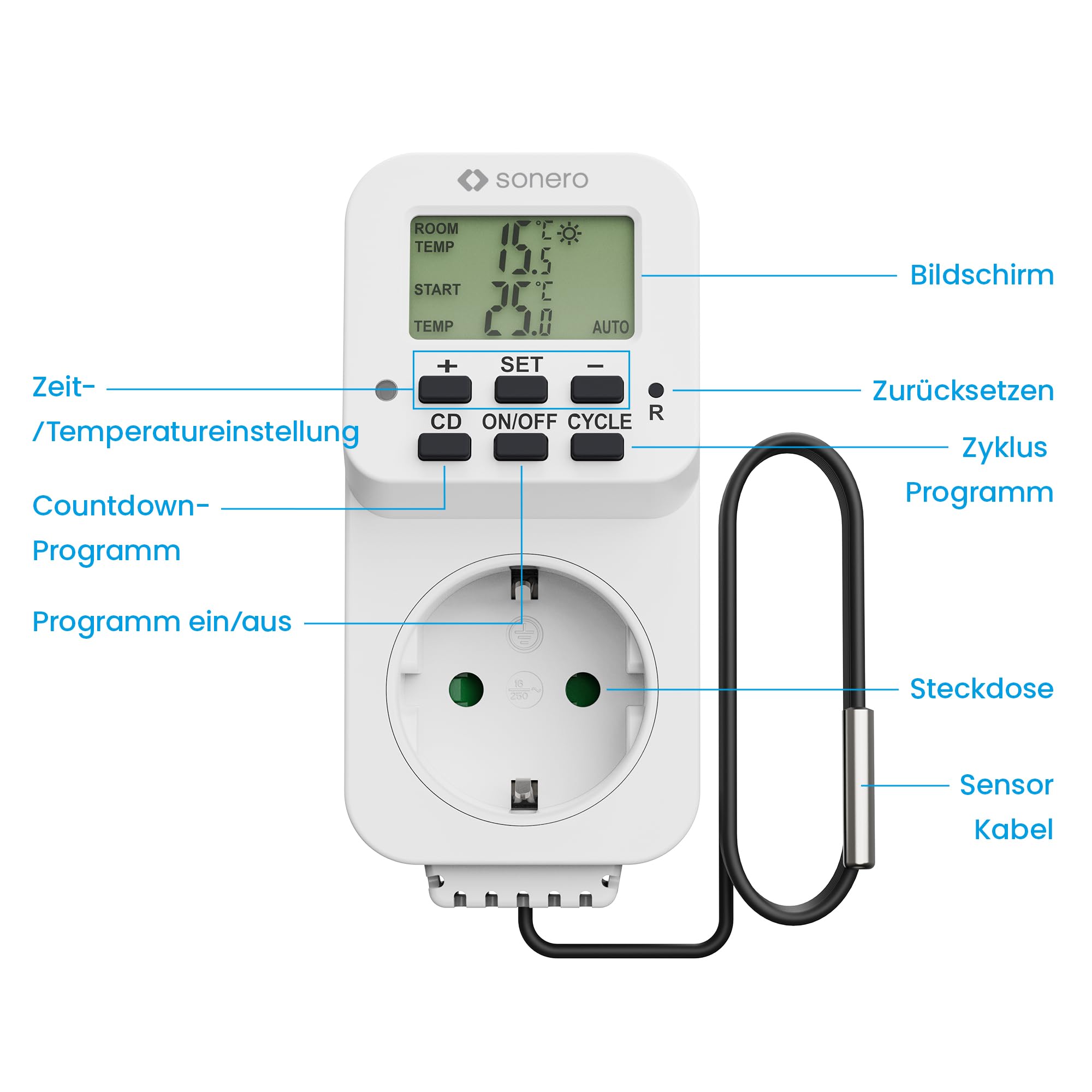 sonero digitales Thermostat Steckdose, Temperaturregler, Heizung, Kühlung, zeitgesteuert mit externem Fühler, für Terrarium, Gewächshaus, Räucherofen, als Frostwächter, 3600 Watt, weiß