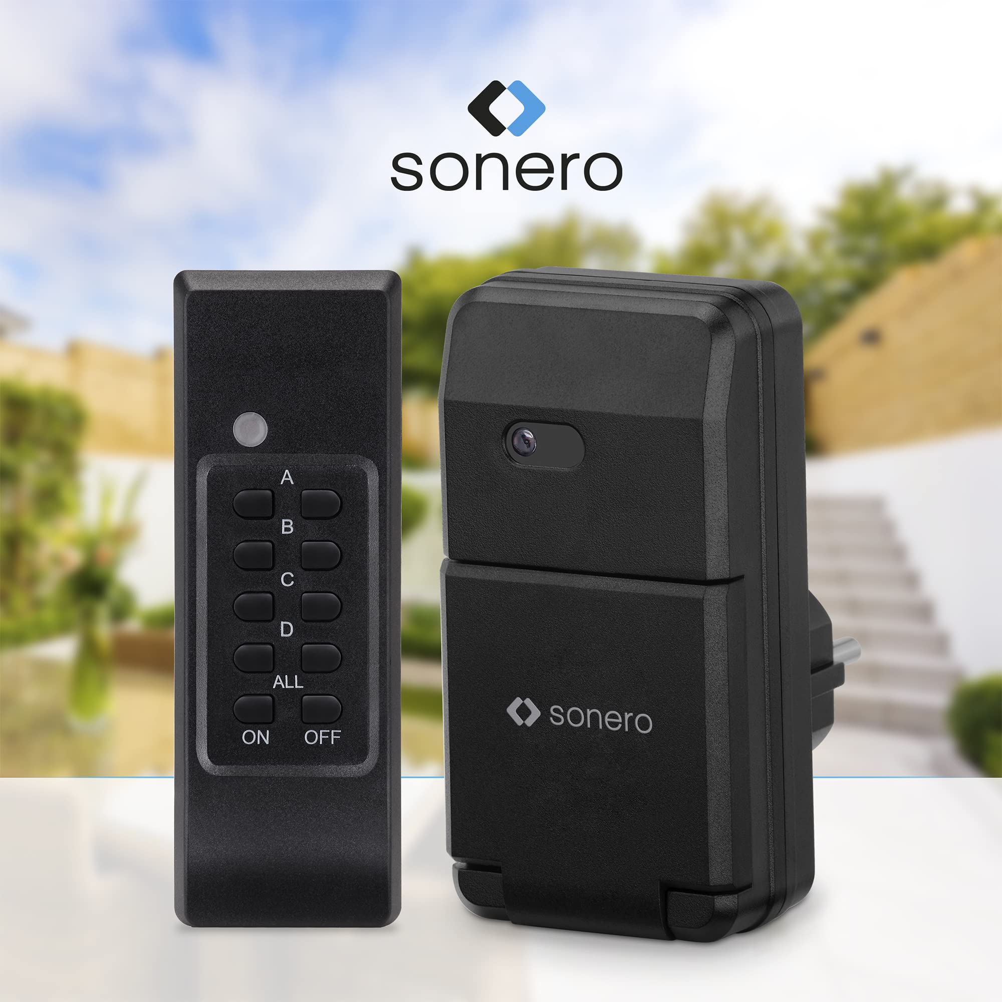 Sonero Funksteckdosen Set: 3X Funksteckdose und 1x Funkfernbedienung, 1100 Watt, max. 30m Reichweite, Outdoor, IP 44, schwarz, S-RCS303