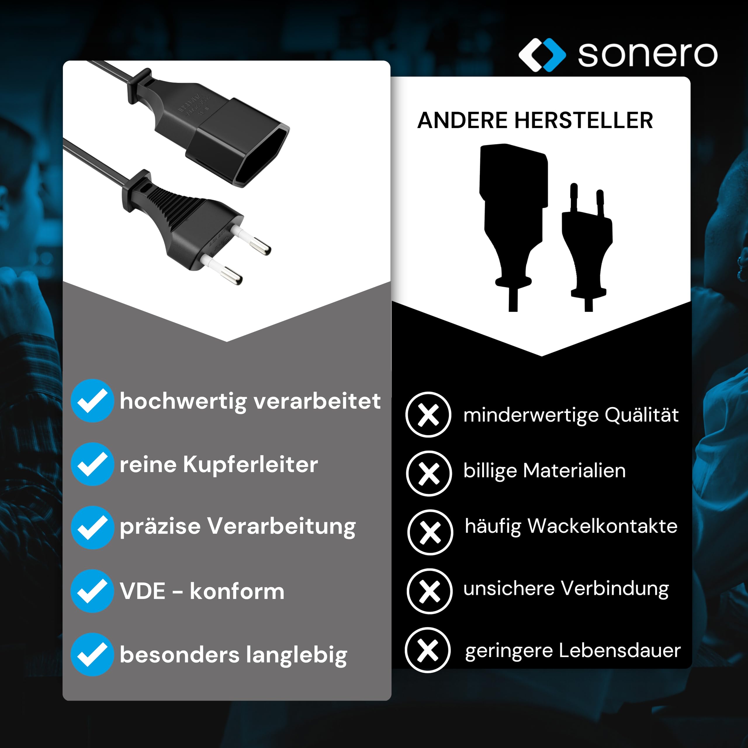 sonero Stromkabel Netzkabel Verlängerungskabel, 3,0m, Eurostecker Flachstecker Typ C Netzstecker auf Euro Buchse, Strom Verlängerung Netzkabel für TV, Spielekonsole, Haushaltsgeräte, Schwarz
