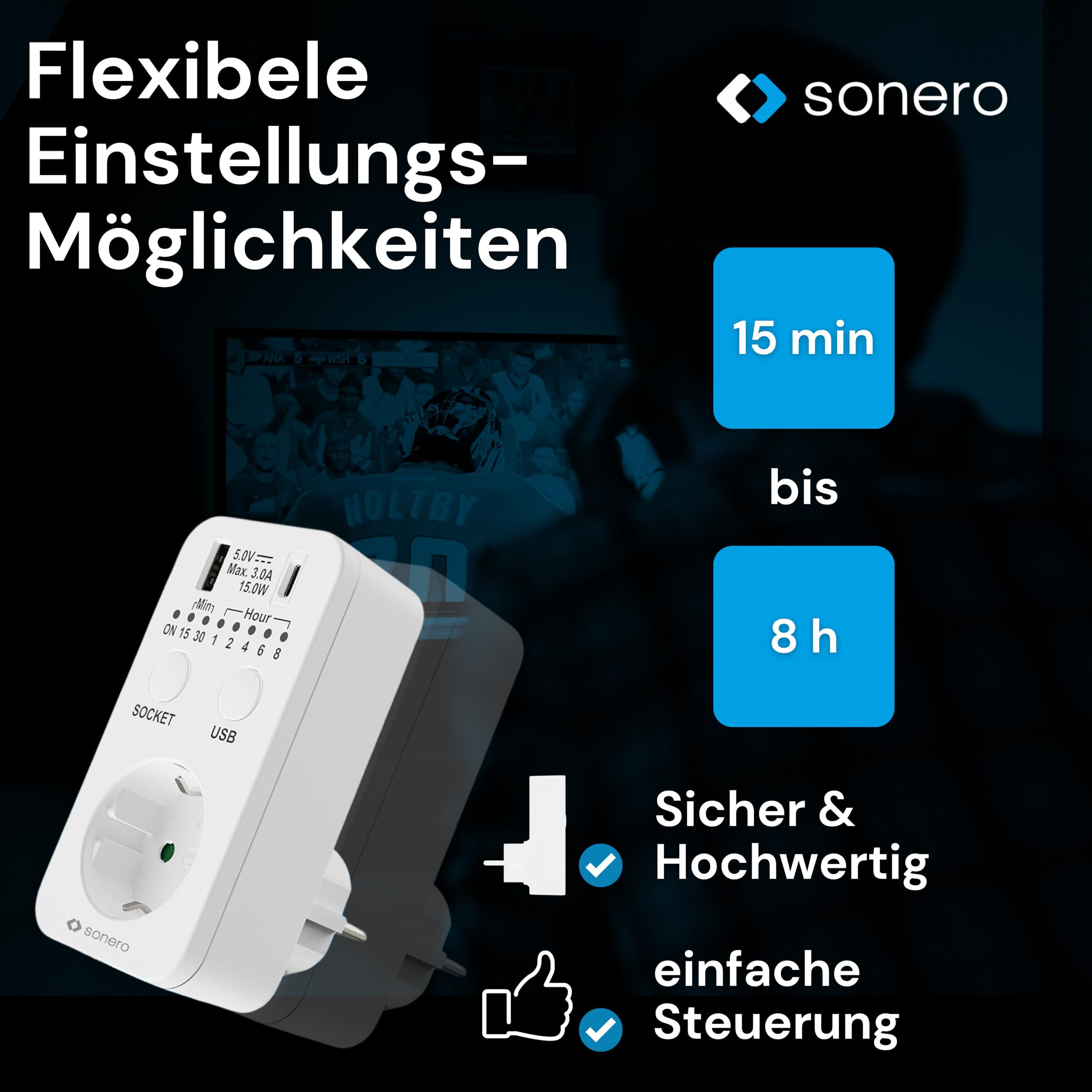 Sonero Timer Steckdose, Countdown Schaltsteckdose, Schaltuhr 230V, Timersteckdose mit USB und USB C Anschluss, Zeitschaltsteckdose programmierbar, Zeitschalter weiß
