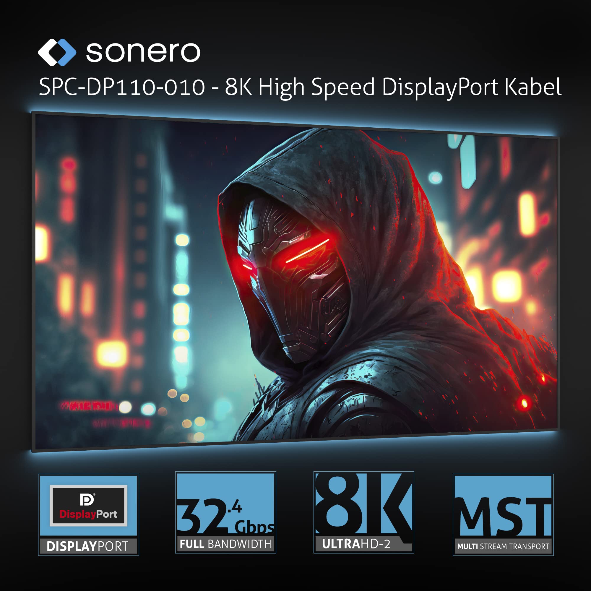 Sonero® 8K DisplayPort-Kabel 1.4, DisplayPort Stecker auf DisplayPort Stecker, 8K 60Hz, 4K 120Hz, Baumwollmantel, grau/blau, 3,00 Meter