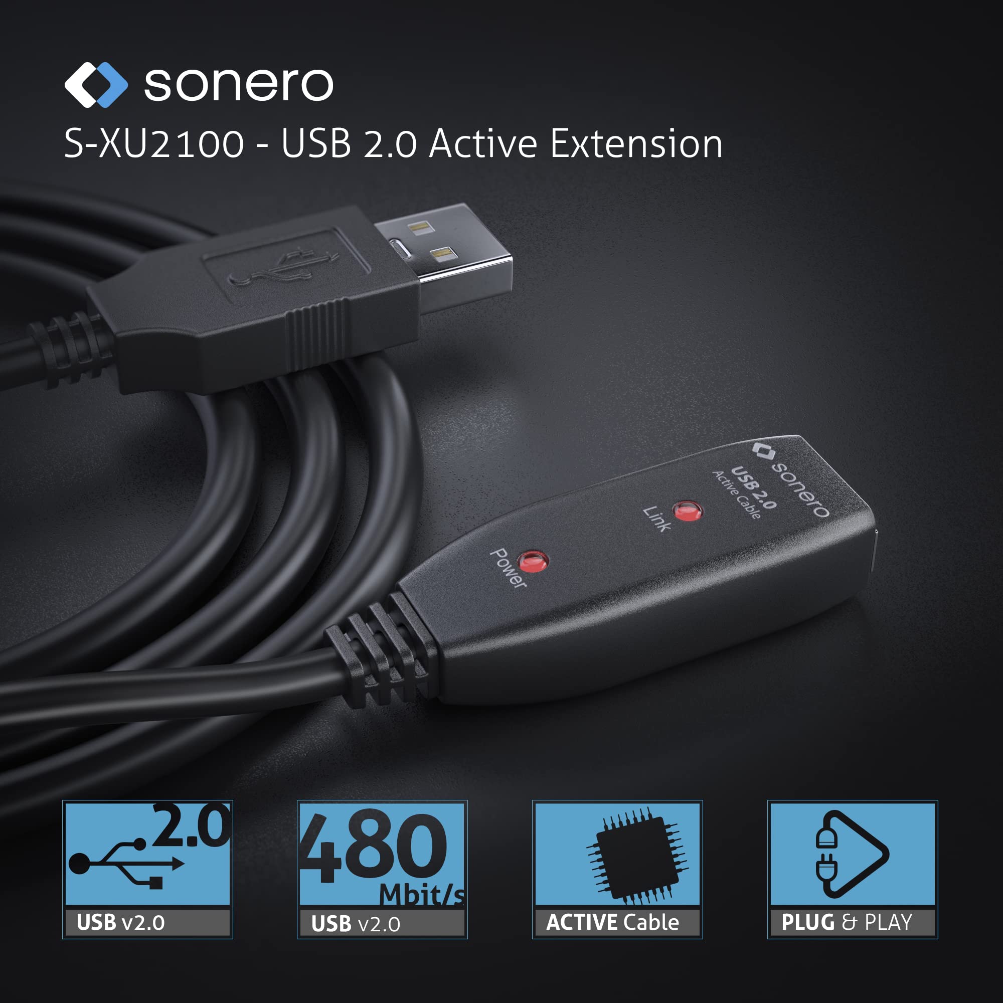 Sonero® USB 2.0 Kabel, aktives Verlängerungskabel mit Signalverstärker, Datenkabel, USB-A Stecker auf USB-A Buchse, 480 Mbit/s, 15.0m, schwarz