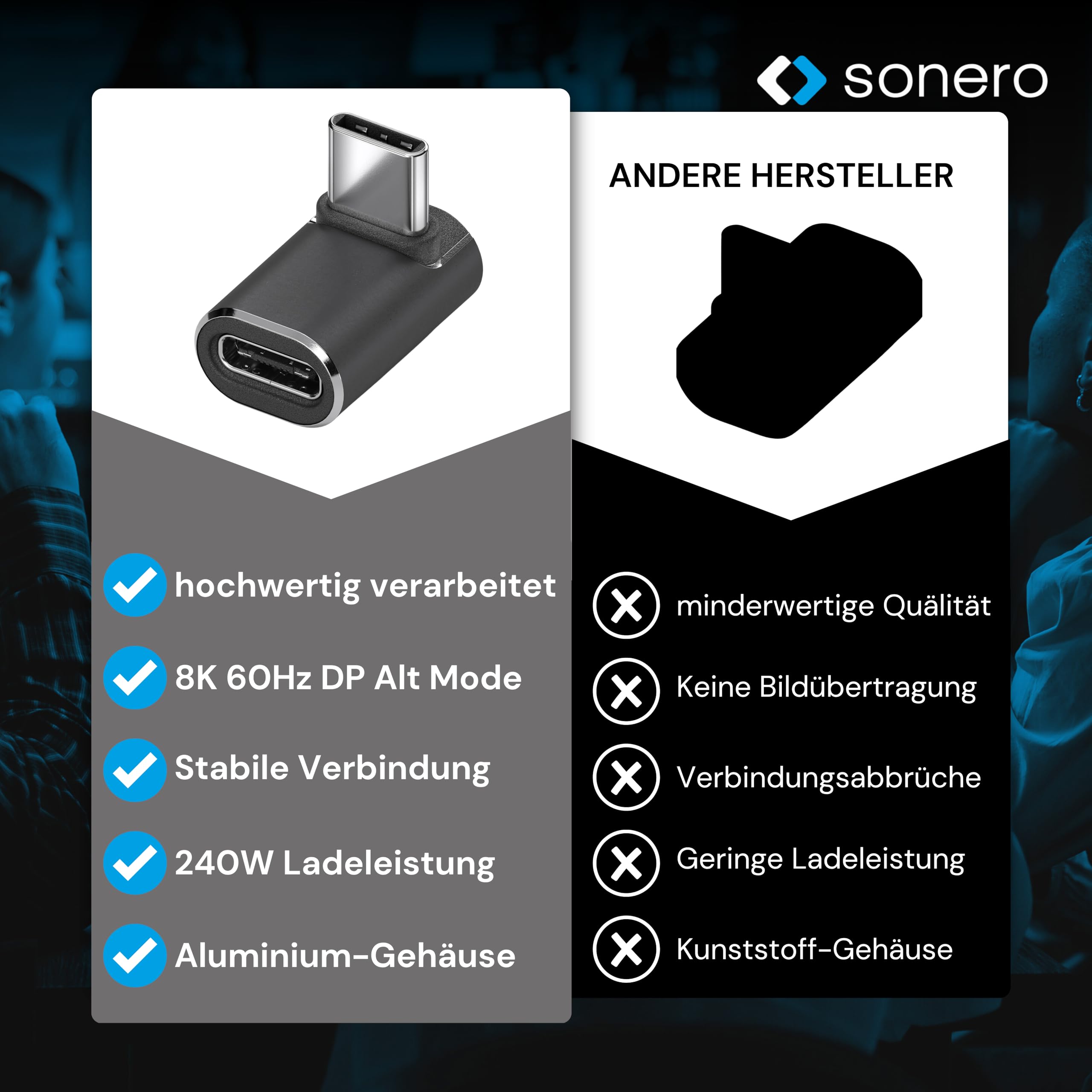 Sonero USB-C Stecker auf 90° Winkel USB-C Buchse (1er), Adapter, 40Gbps, 240W, 8K60Hz, Aluminium Gehäuse, schwarz