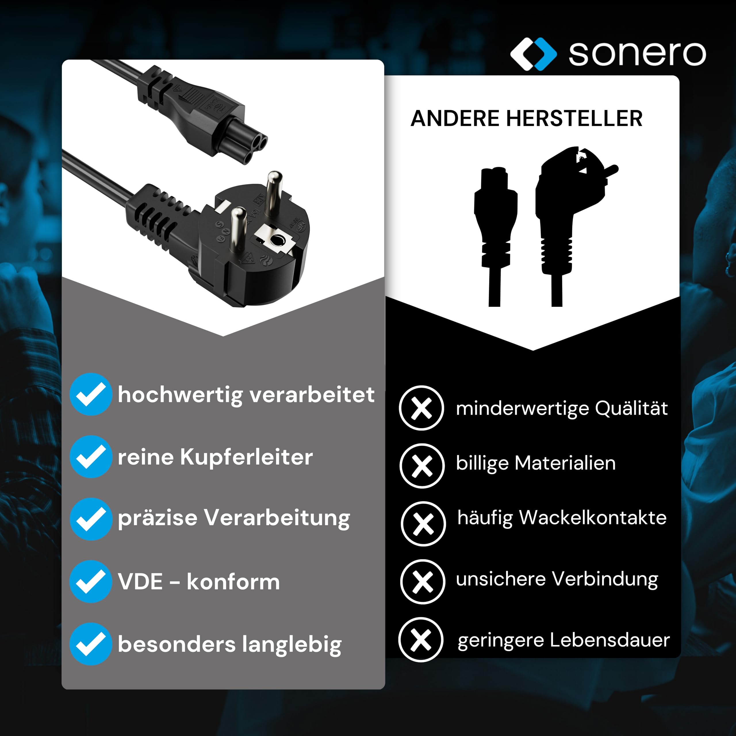 sonero Stromkabel 3 Polig, 1,0m, Schutzkontakt Stecker Netzstecker auf C5 Buchse,Netzkabel Netzteil Strom Kabel für Monitor PC Laptop, Schwarz