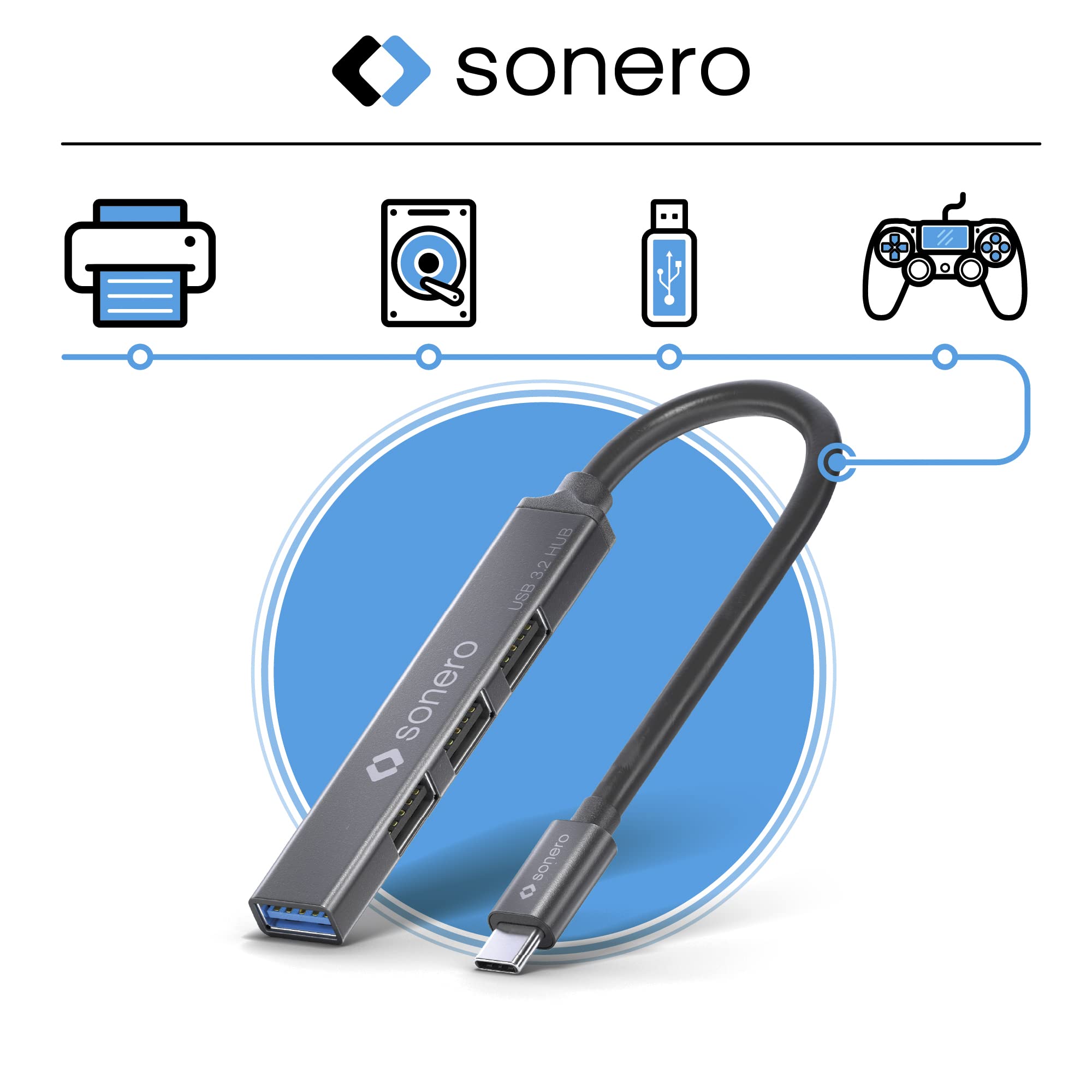 Sonero USB-Hub, USB-Verteiler, 4-Port, 1x USB 3.2 mit 5 GB-s, 3X 2.0 480 MB-s, USB-C Stecker, Ultra Slim, Space Grey, 1, 00m, S-UH110-010
