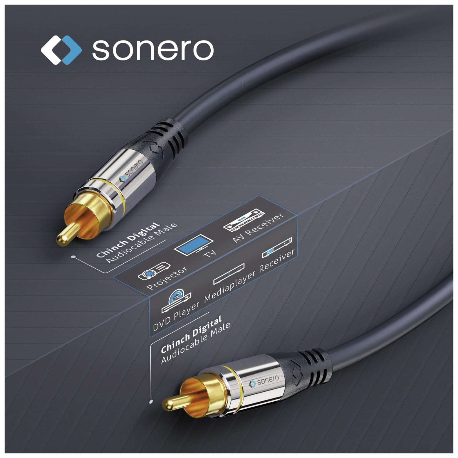Sonero Premium 1,5m Cinch Kabel, 1x Cinch Stecker auf 1x Cinch Stecker, Subwoofer, Verstärker, Beamer, AV Receiver, schwarz