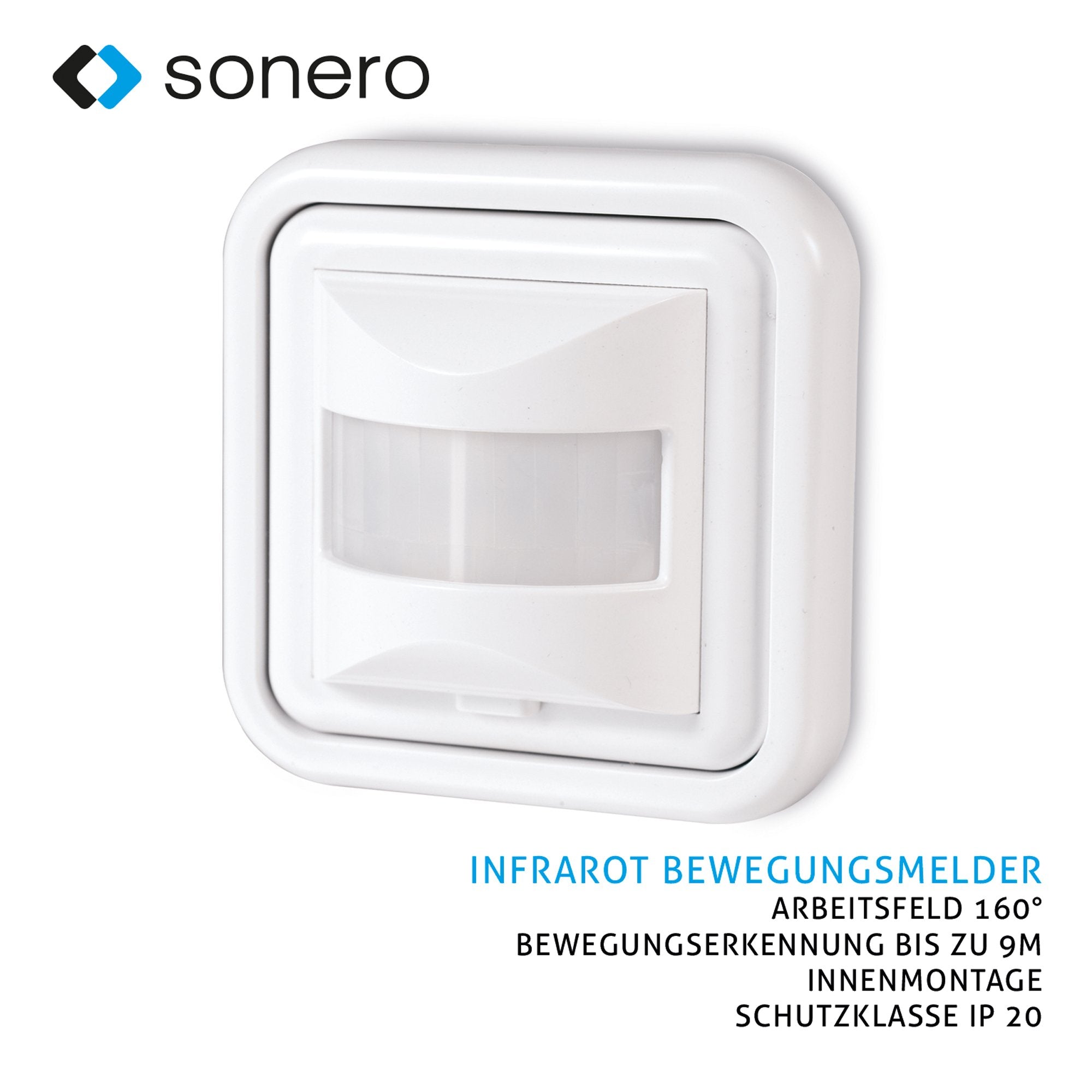 sonero IMS050 Infrarot-Bewegungsmelder – Innenmontage, weiß, Schutzklasse: IP20, 160° / 9m Arbeitsfeld