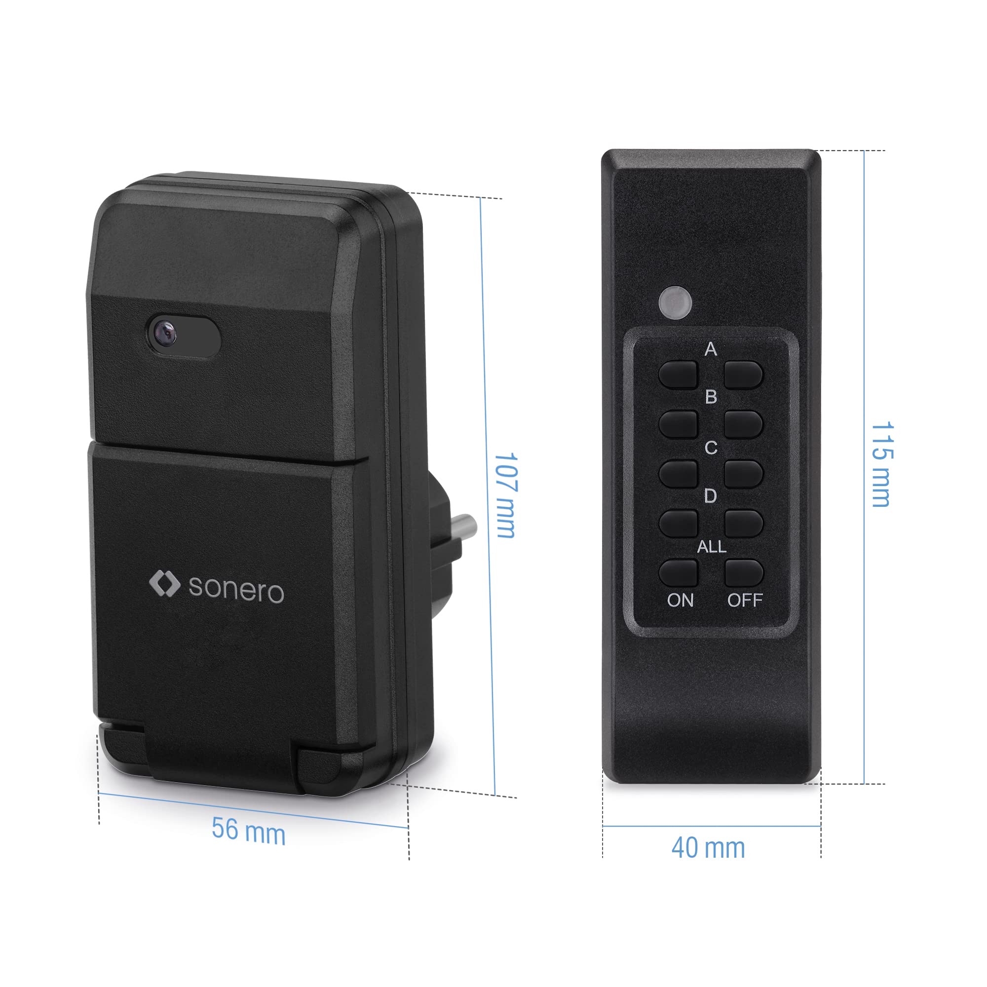 sonero Funksteckdosen Set: 2x Funksteckdose und 1x Funkfernbedienung, 1100 Watt, max. 30m Reichweite, Outdoor, schwarz