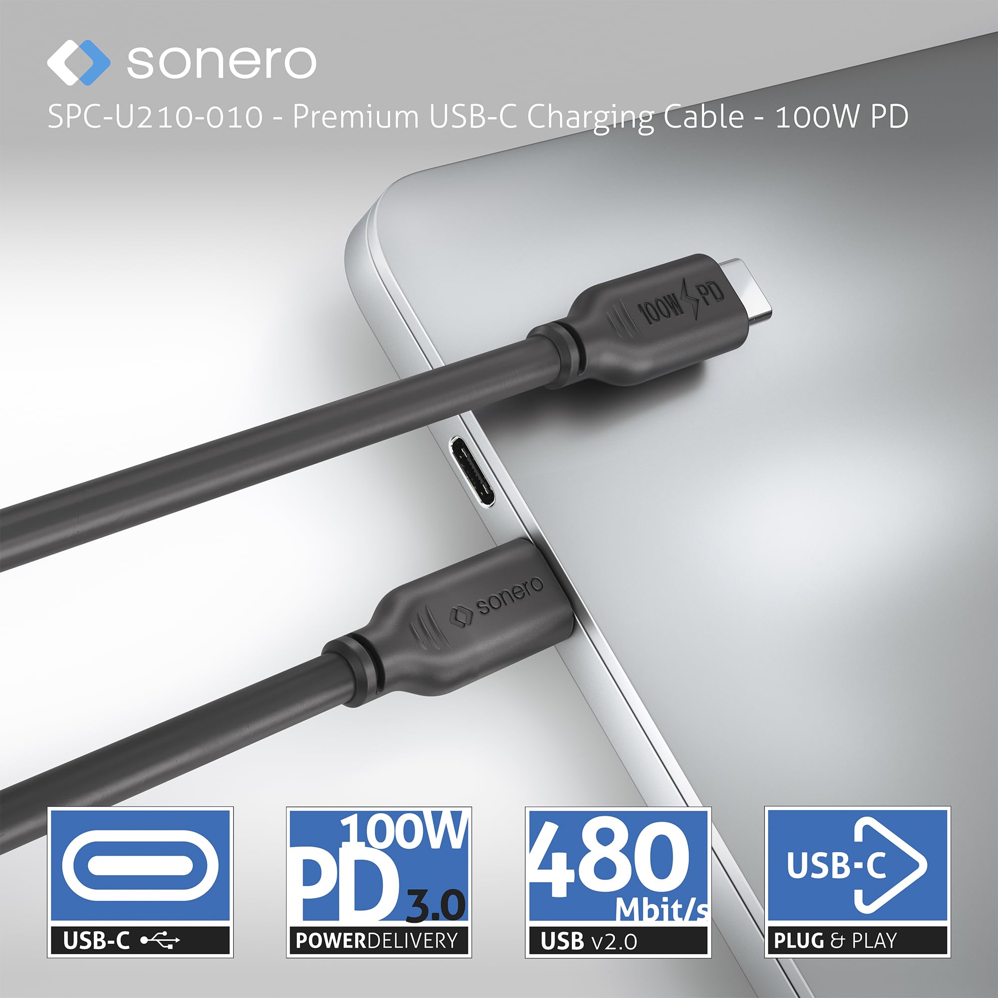 Sonero® USB-C Ladekabel, Handy-Ladekabel, Schnellladekabel, Kabel Typ C, USB 2.0, 100W PD, schwarz, 2,00m