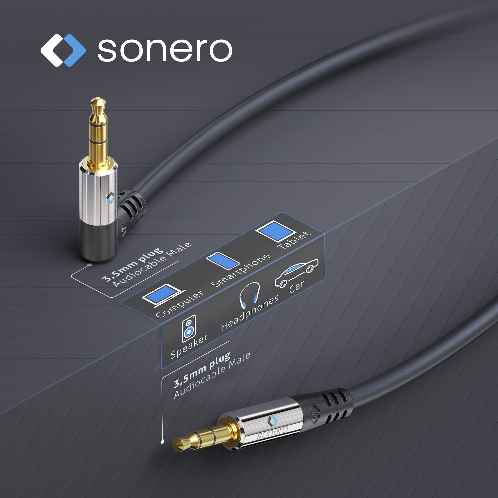 Sonero® premium Audiokabel mit 1x 90° Stecker, 3.5mm Klinke, 5,00m, vergoldete Kontakte, schwarz