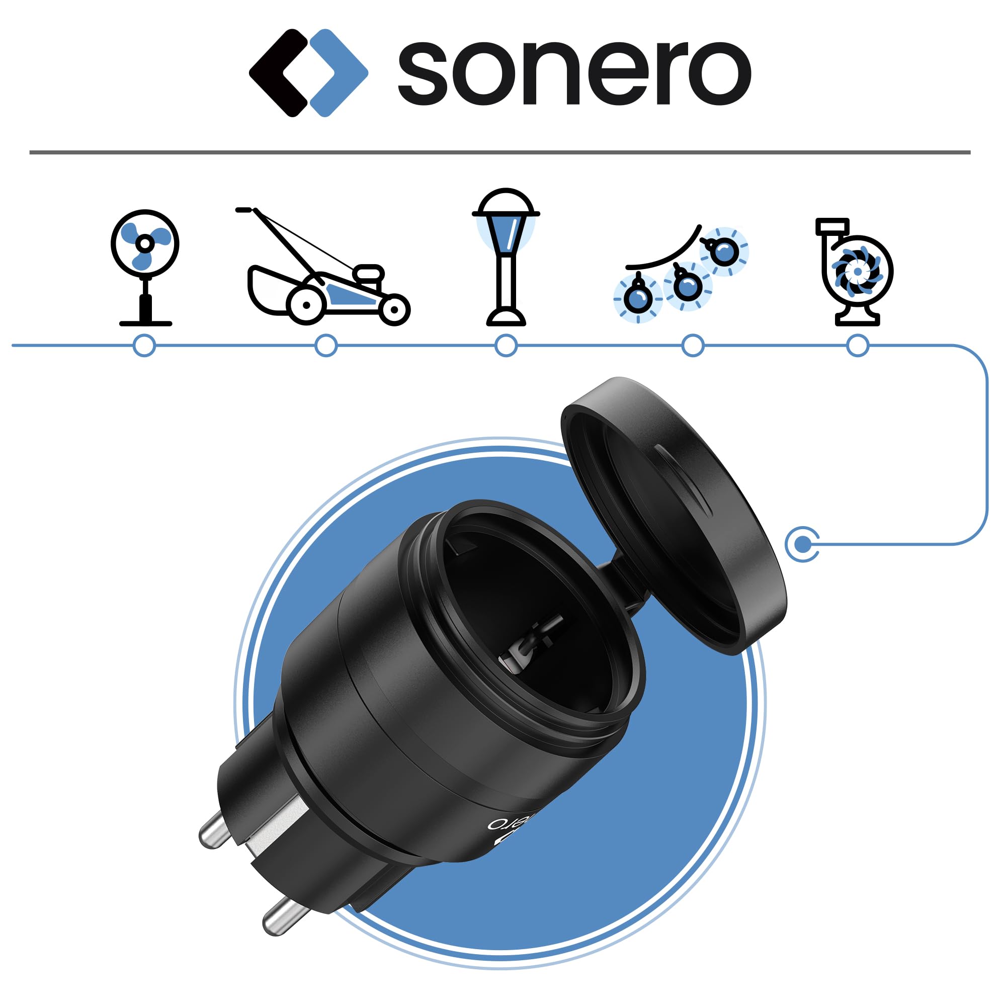 sonero Funksteckdosen mit Fernbedienung Aussen, Outdoor Set, 2300 Watt, 230V, 4 x Steckdose mit Funkfernbedienung, IP44, 30m Reichweite, Stromsparen, Schwarz