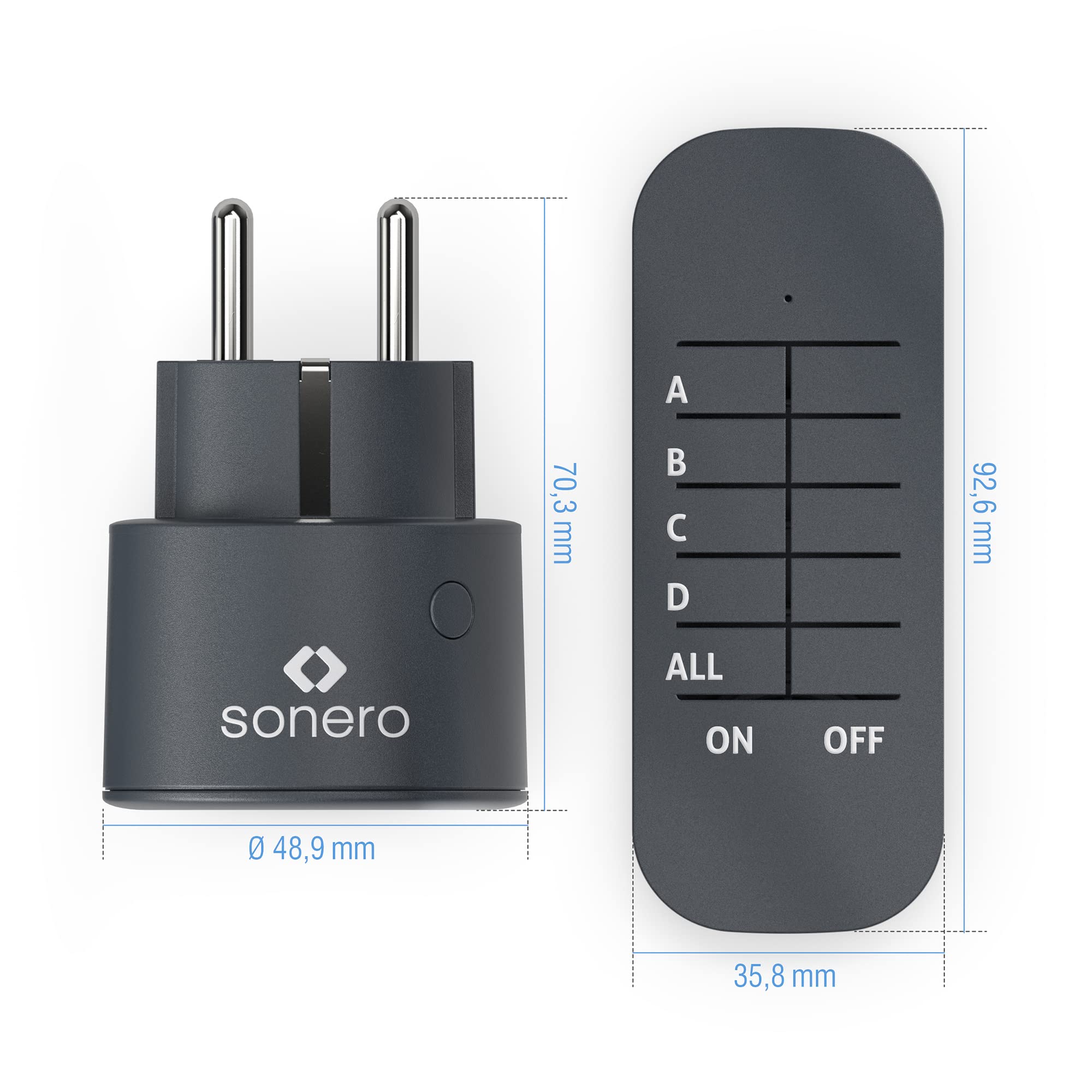 Sonero Set mit 2300 Watt Funksteckdosen | 2 x Fernbedienungssteckdose | 1 x Fernbedienung | x CR2032 Batterie, 3 V DC, anthrazit, S-RCS112, 2er Set