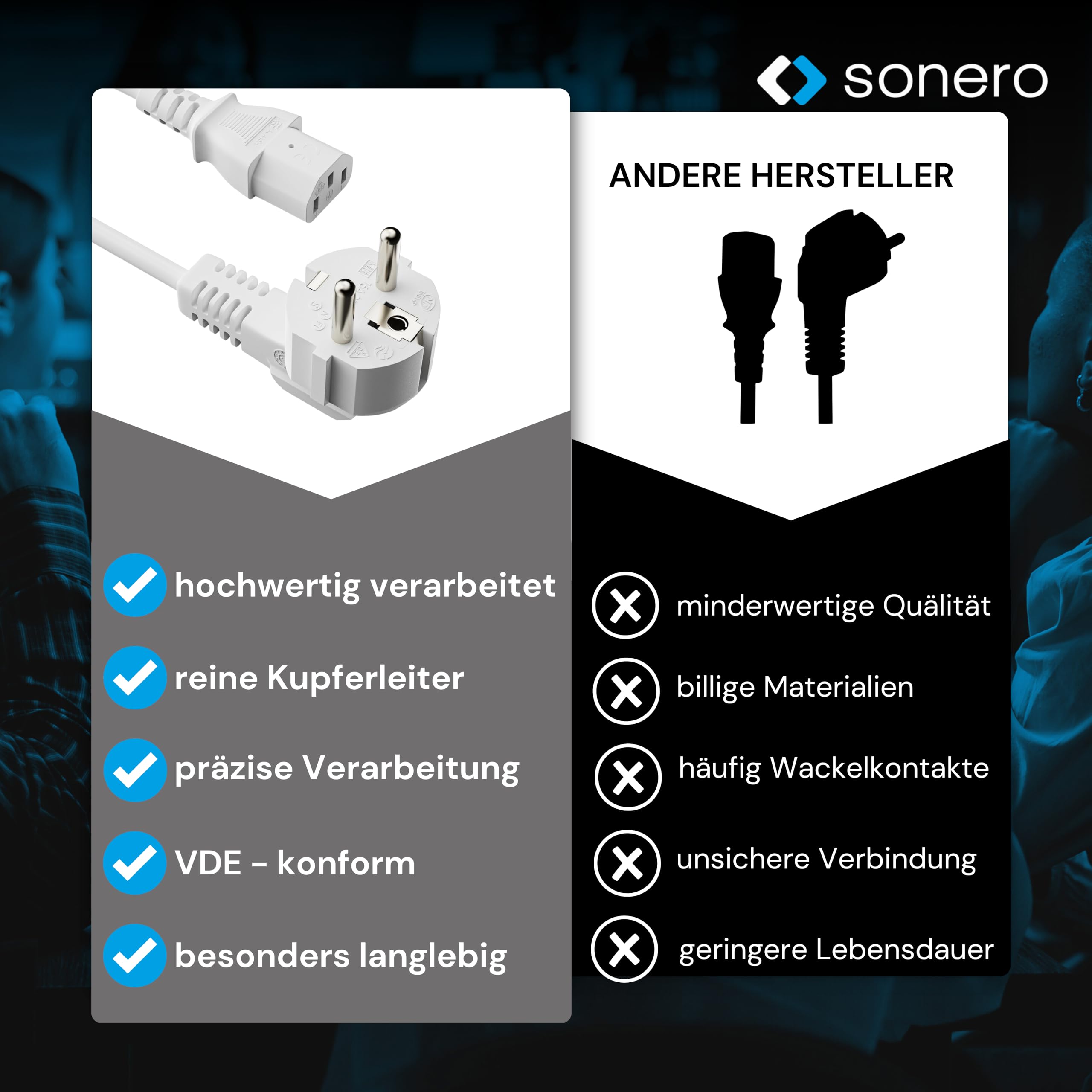 sonero Stromkabel Kaltgerätekabel 3 Polig, 2,0m, 90° Winkel Schutzkontakt Stecker Netzstecker auf Kaltgerätekupplung C13 Buchse, Netzkabel Netzteil Strom Kabel für Monitor PC Drucker, Weiß