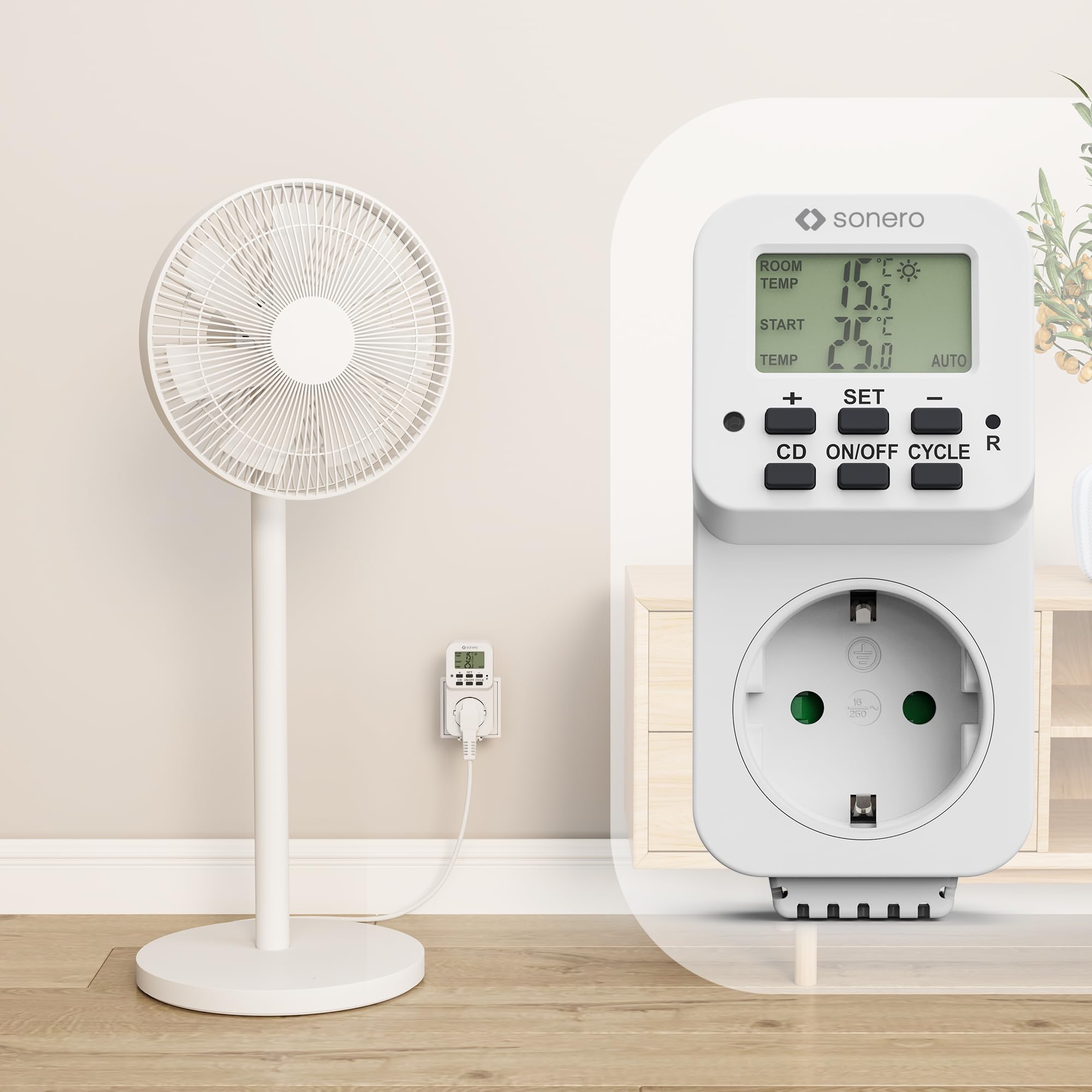 sonero digitales Thermostat Steckdose, Temperaturregler, Heizung, Kühlung, zeitgesteuert mit internem Fühler, für Terrarium, Gewächshaus, Räucherofen, als Frostwächter, 3600 Watt, weiß