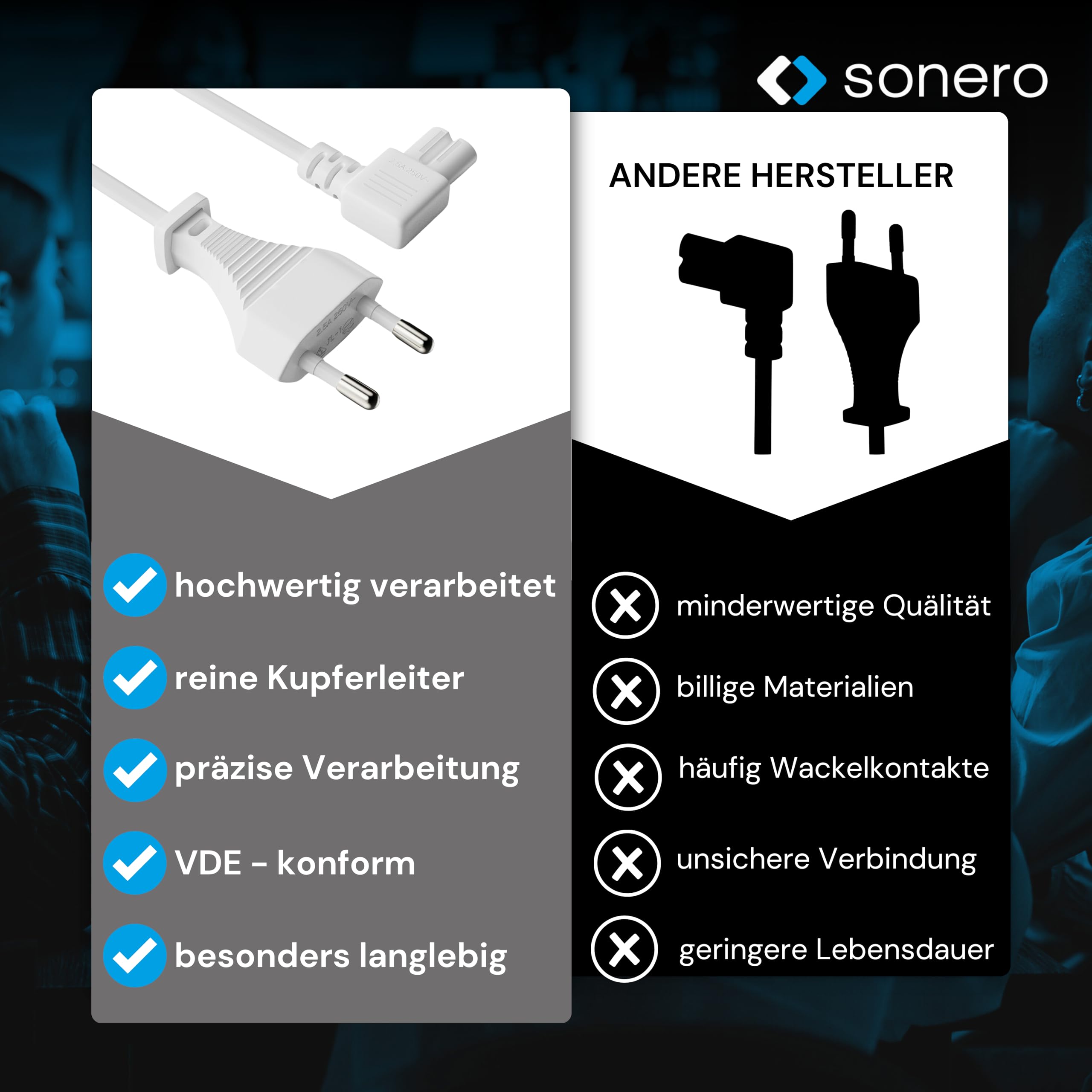 sonero Stromkabel Netzkabel 2 Polig, 3,0m, Eurostecker Typ C Netzstecker auf IEC Buchse C7 Euro 8 Stecker, 90° Winkel Netzteil Strom Kabel für TV, PS5, PS4, PS3, Haushaltsgeräte, Weiß