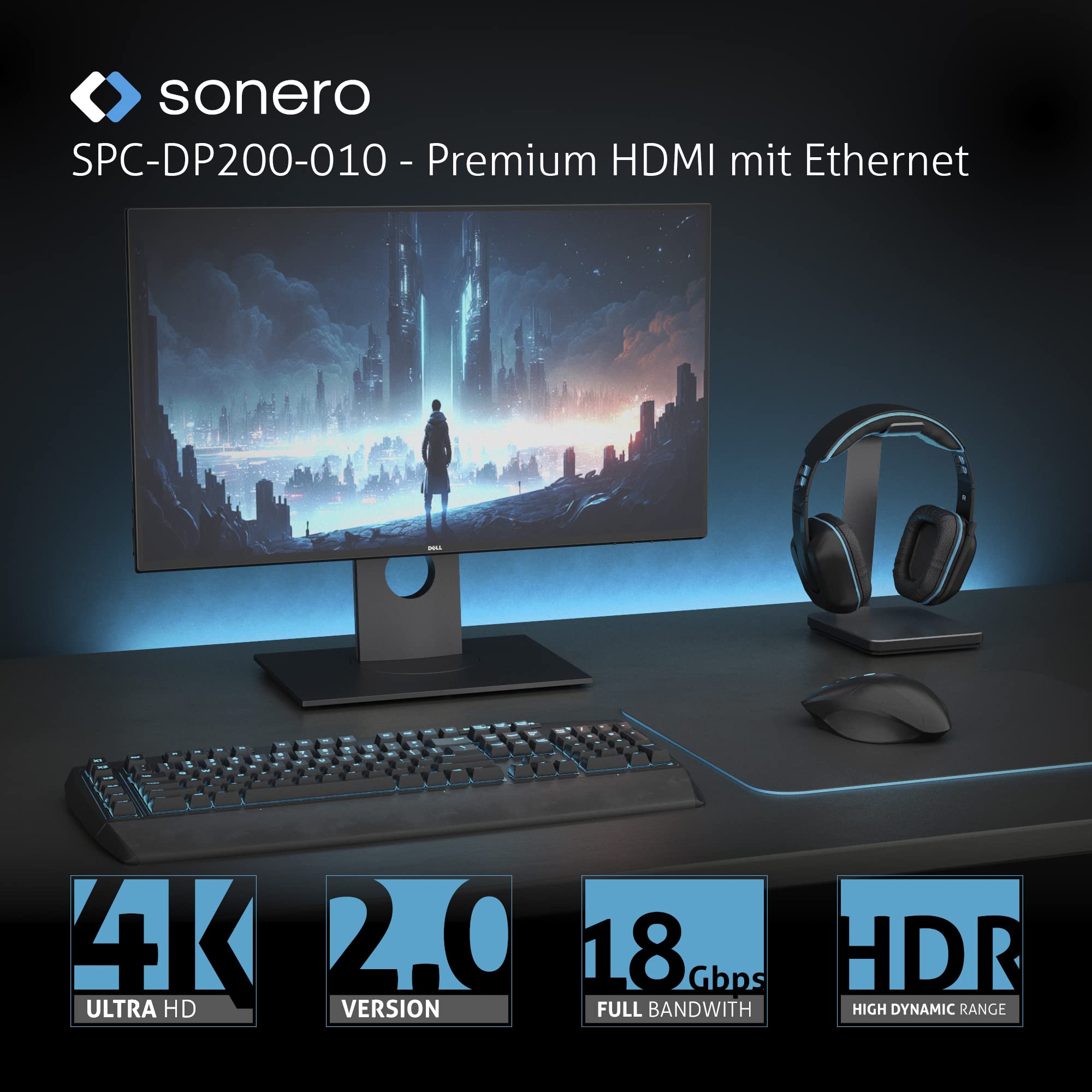 Sonero® 4K DisplayPort 1.2 auf HDMI 2.0 Kabel, DisplayPort Stecker auf HDMI Stecker, 4K 60Hz, 2K 120Hz, Baumwollmantel, grau/schwarz, 1,00 Meter