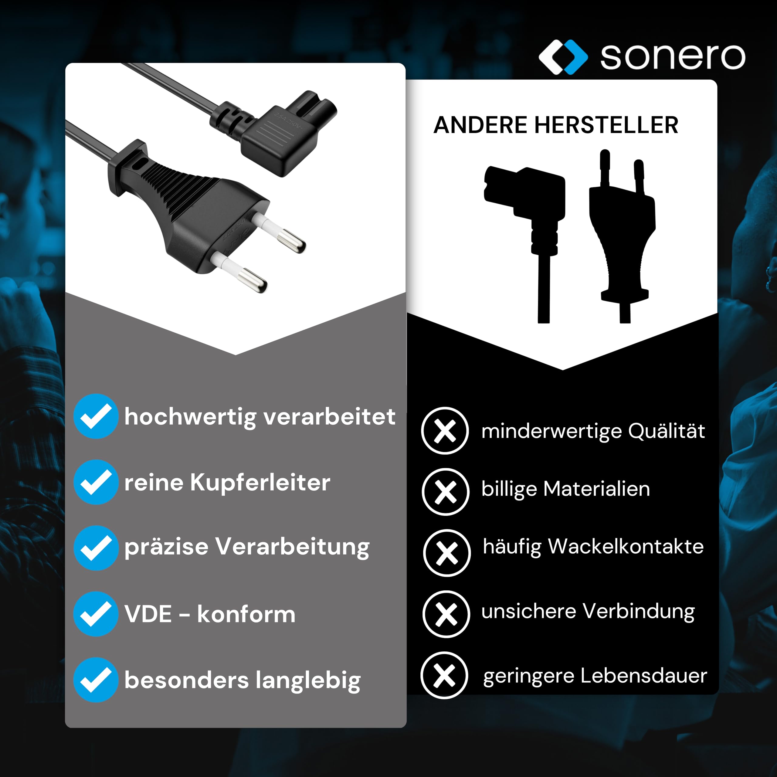 sonero Stromkabel Netzkabel 2 Polig, 2.00m, Eurostecker Typ C Netzstecker auf IEC Buchse C7 Euro 8 Stecker, 90° Winkel Netzteil Strom Kabel für TV, PS5, PS4, PS3, Haushaltsgeräte, schwarz
