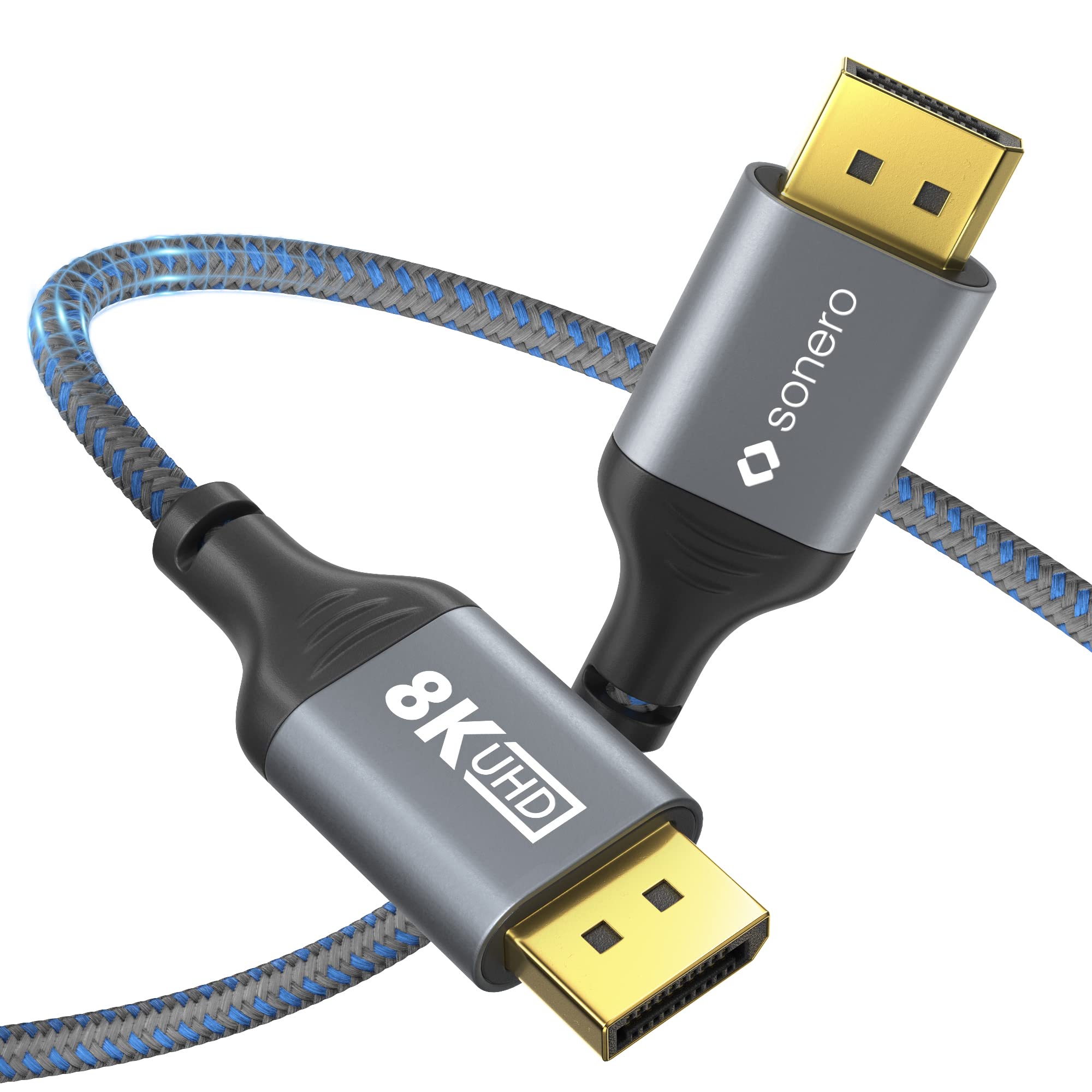 Sonero® 8K DisplayPort-Kabel 1.4, DisplayPort Stecker auf DisplayPort Stecker, 8K 60Hz, 4K 120Hz, Baumwollmantel, grau/blau, 1,00 Meter