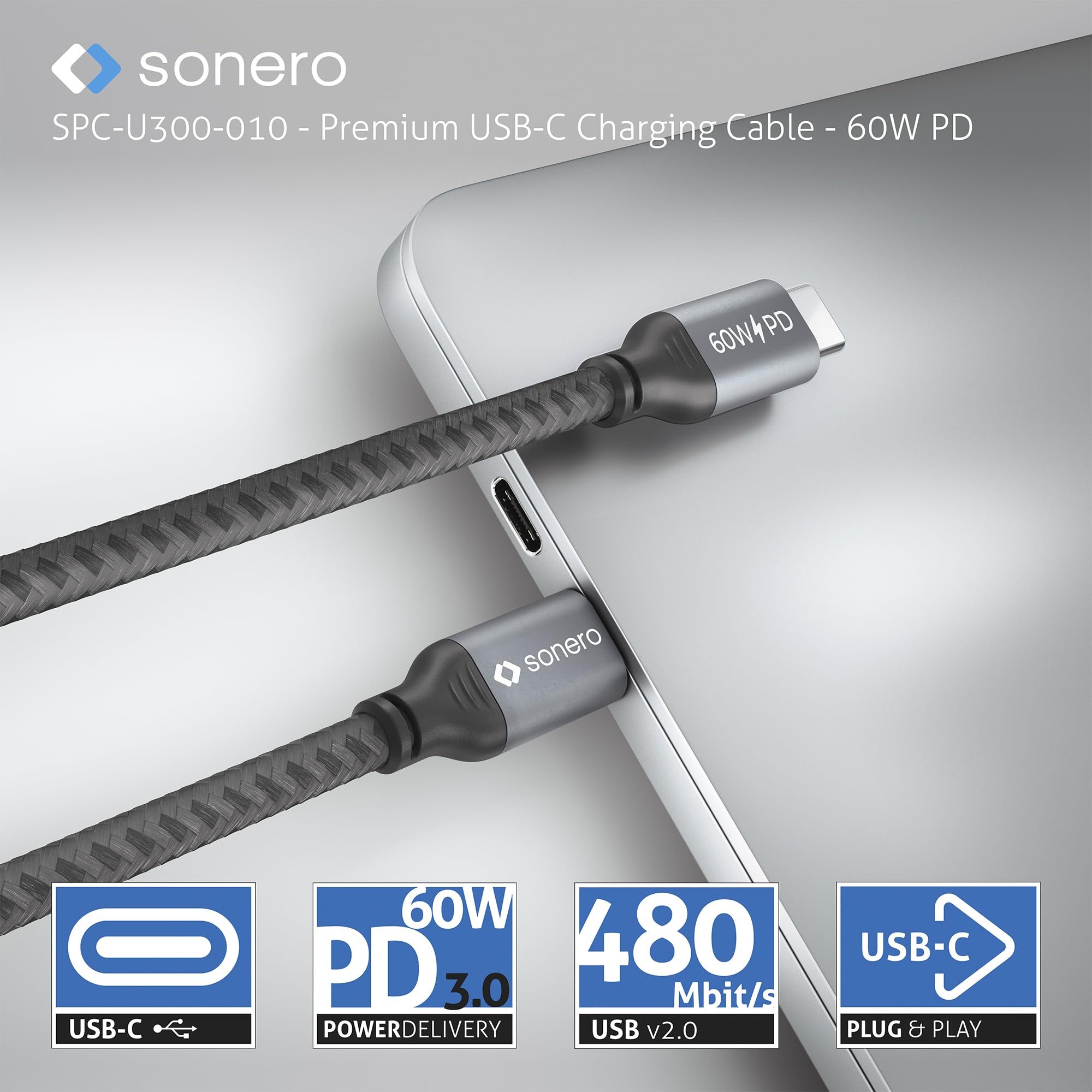 Sonero® USB-C auf USB-C Ladekabel, Handy-Ladekabel, Schnellladekabel USB C, USB Kabel Typ C, USB 2.0, 60W PD, grau/schwarz, 3,00m