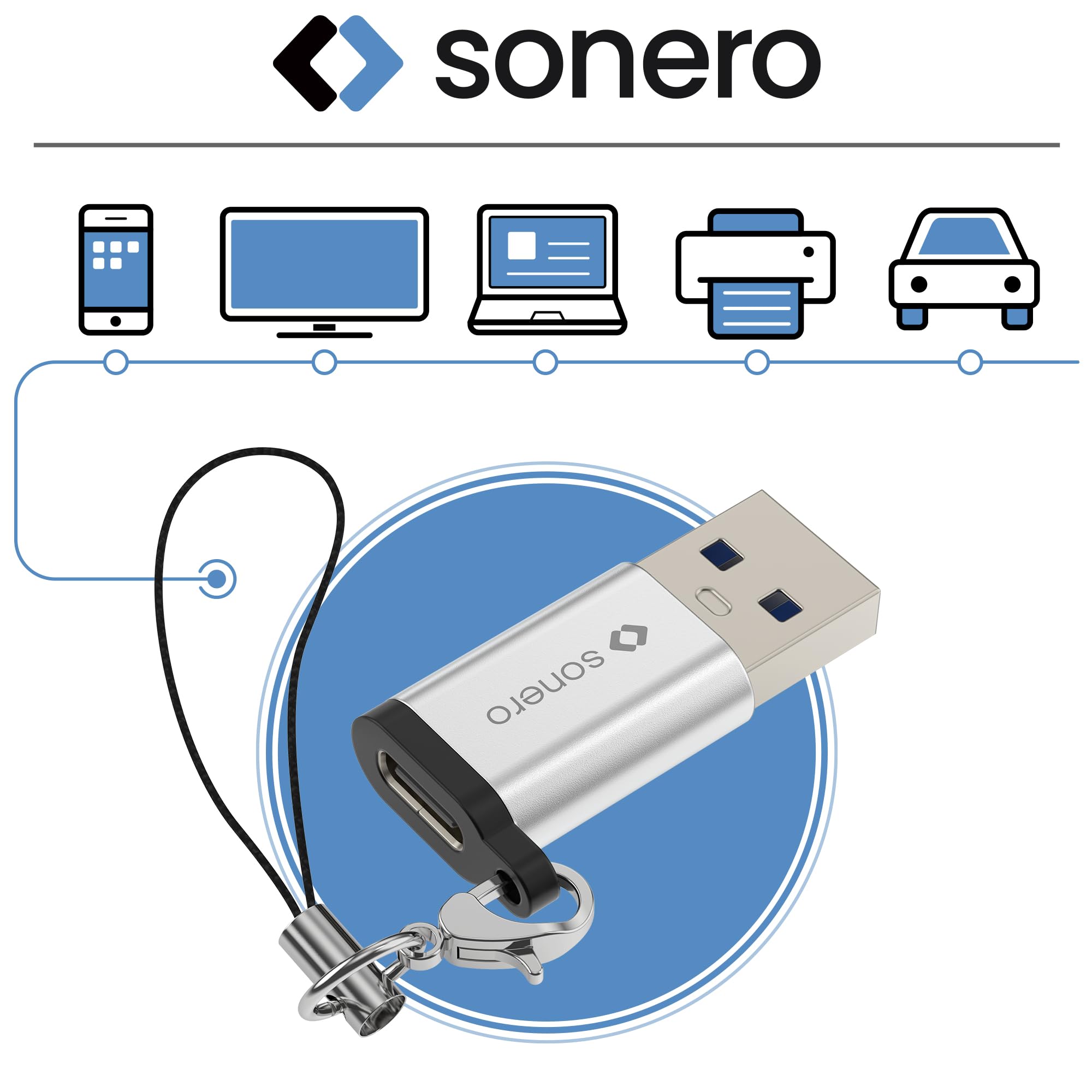 Sonero USB A auf USB C Adapter, schnelles Laden 3A 15W, 480 Mbps Datenübertragung, OTG, kompatibel mit iPhone, Samsung Galaxy, Watch, Google Pixel UVM., Aluminium/Silber