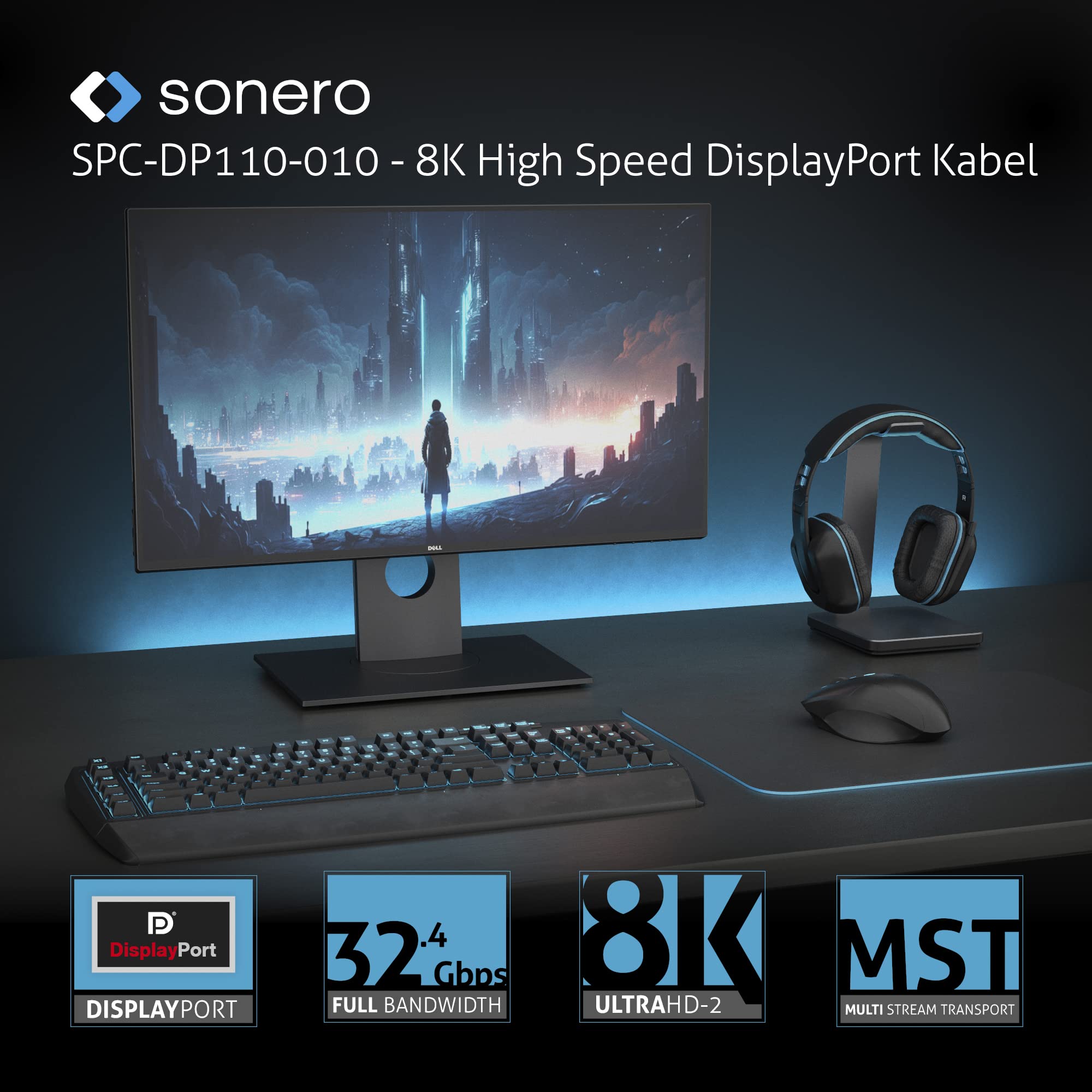 Sonero® 8K DisplayPort-Kabel 1.4, DisplayPort Stecker auf DisplayPort Stecker, 8K 60Hz, 4K 120Hz, Baumwollmantel, grau/blau, 1,00 Meter