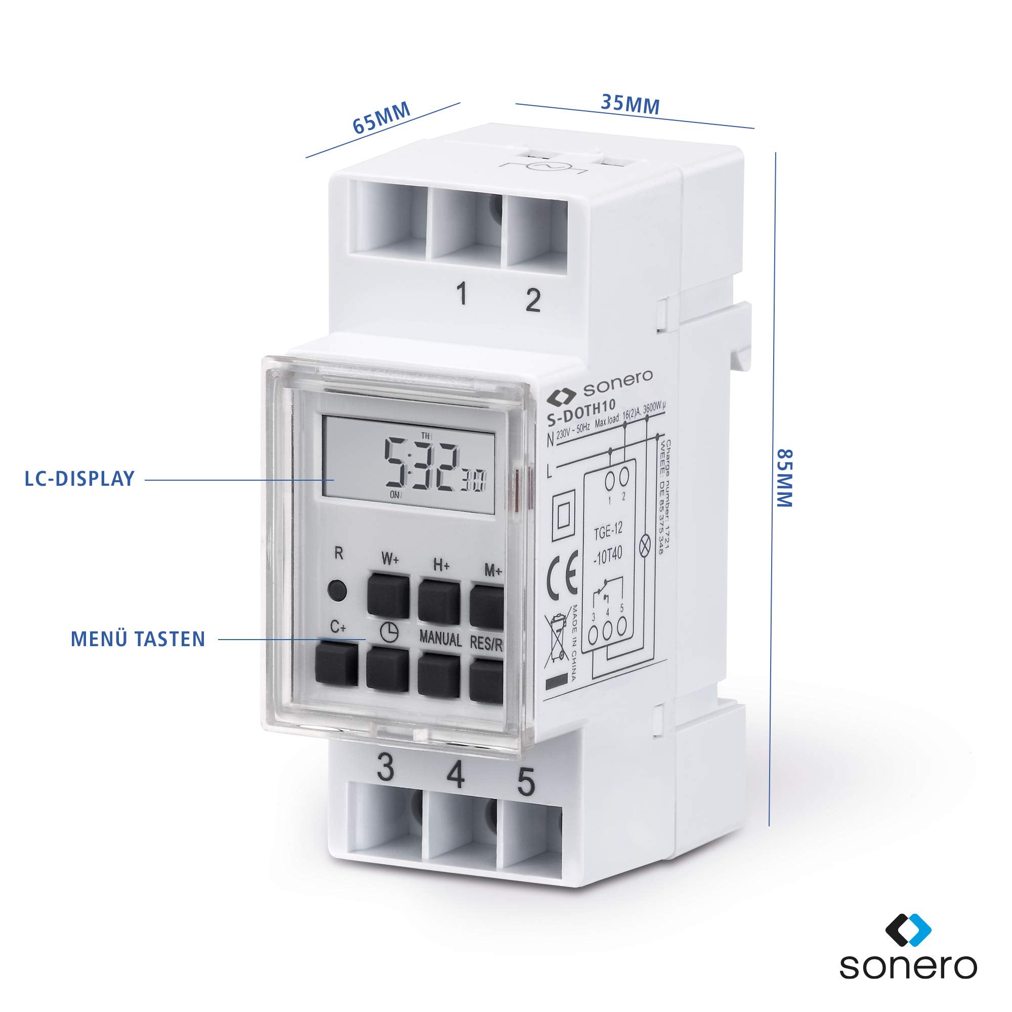 sonero® Digitale Zeitschaltuhr für Hutschienen / Schalttafel Einbau, 3600W, LCD-Display, 10 Schaltprogramme (Wochen-, Tages- und Minutenprogramm), 12/24h Timer, IP20, weiß, S-DOTH10