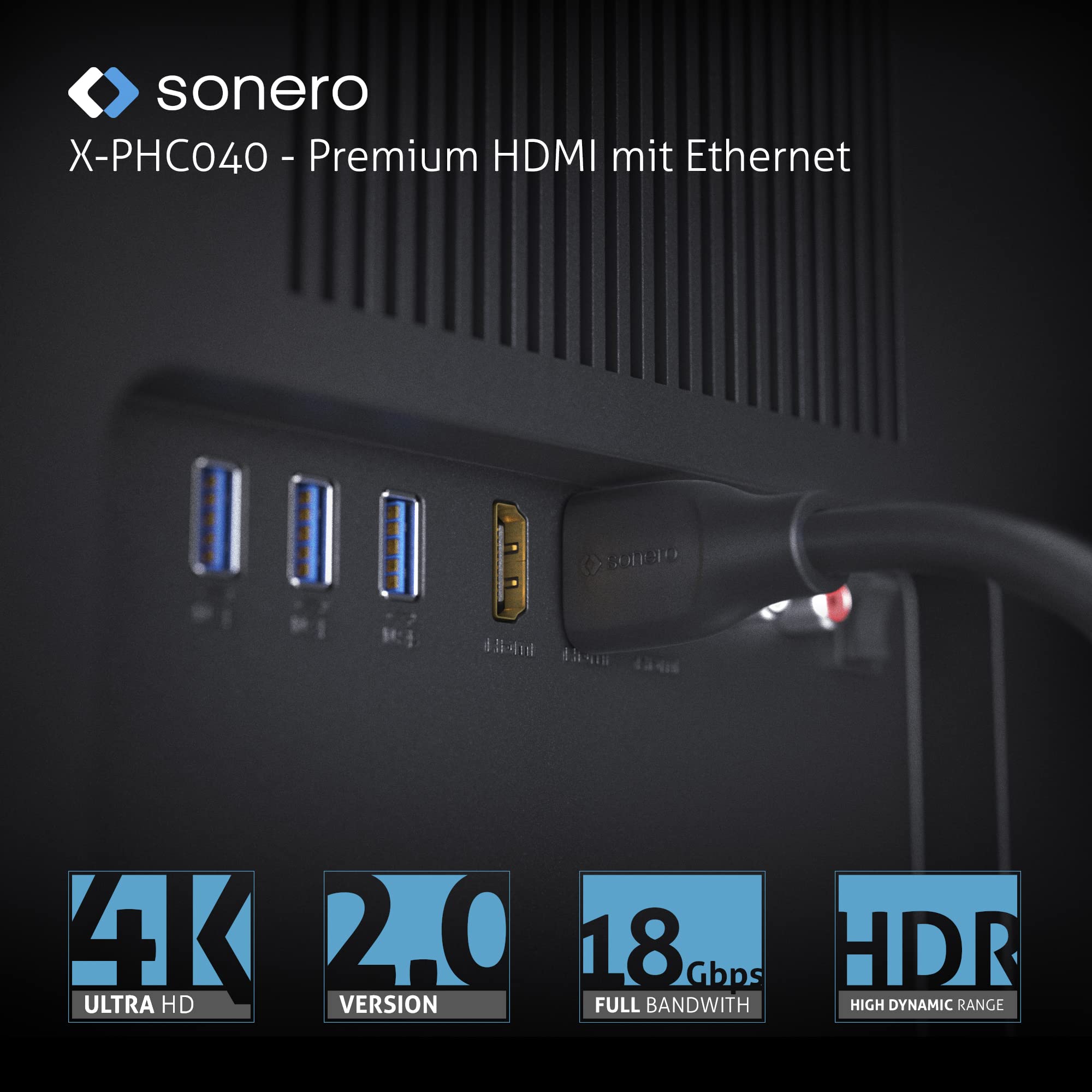 Sonero® 4K HDMI Verlängerungskabel, Premium High Speed, 4K 60Hz, HDMI Stecker auf HDMI Buchse, vergoldete Kontakte, zweifache Abschirmung, PVC-Mantel, 0,50m, Schwarz
