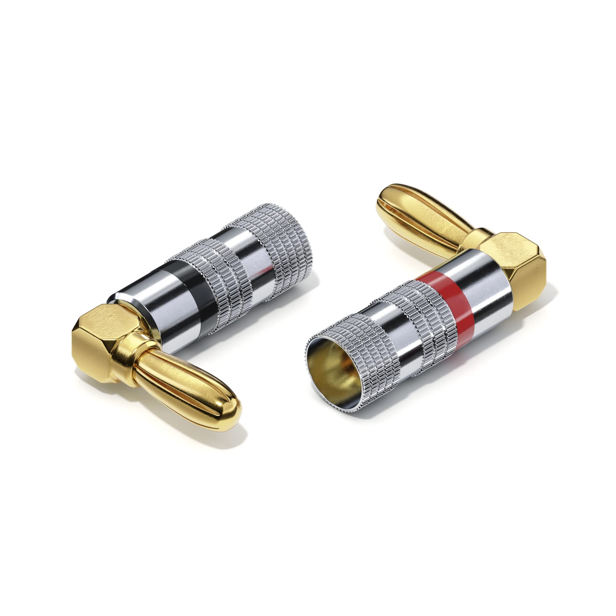 Sonero® Bananenstecker 90° gewinkeltes 8er-Set, für alle Lautsprecherkabel mit einem Durchmesser bis max. 6mm², 8 Stück mit umlaufenden Farbring (4x rot, 4x schwarz), 24k vergoldet