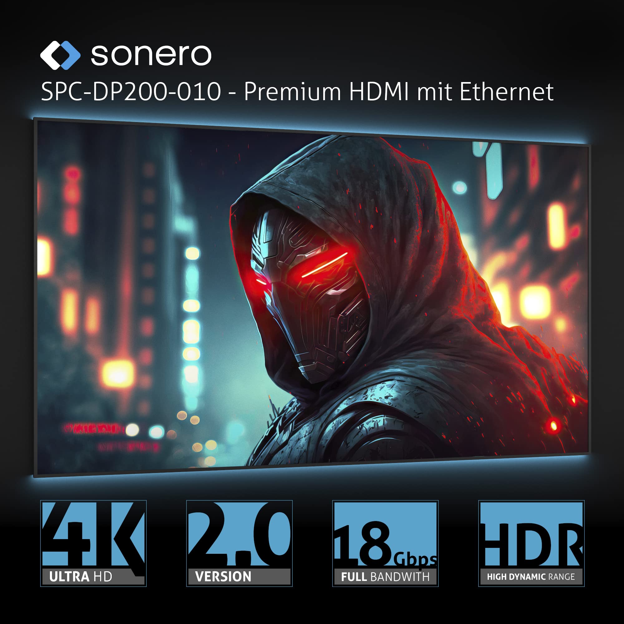 Sonero® 4K DisplayPort 1.2 auf HDMI 2.0 Kabel, DisplayPort Stecker auf HDMI Stecker, 4K 60Hz, 2K 120Hz, Baumwollmantel, grau/schwarz, 2,00 Meter