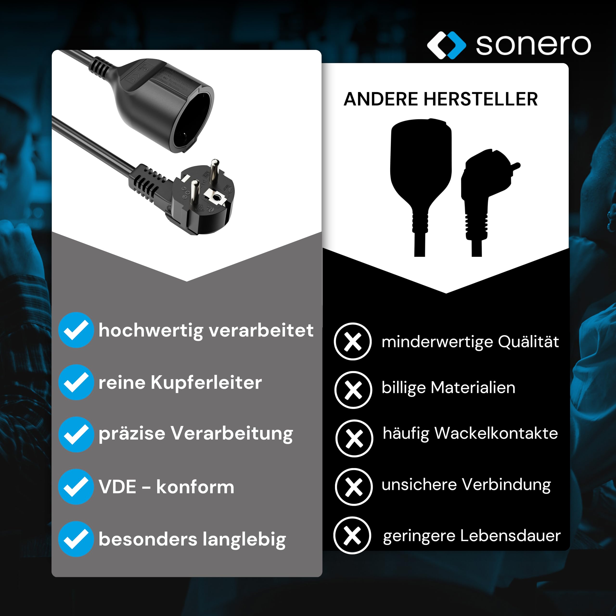 sonero Verlängerungskabel Stromkabel Verlängerung, 5,0m, Schutzkontakt Stecker auf Buchse, Strom Kabelverlängerung, Netzkabel, Steckdosenverlängerung Schwarz