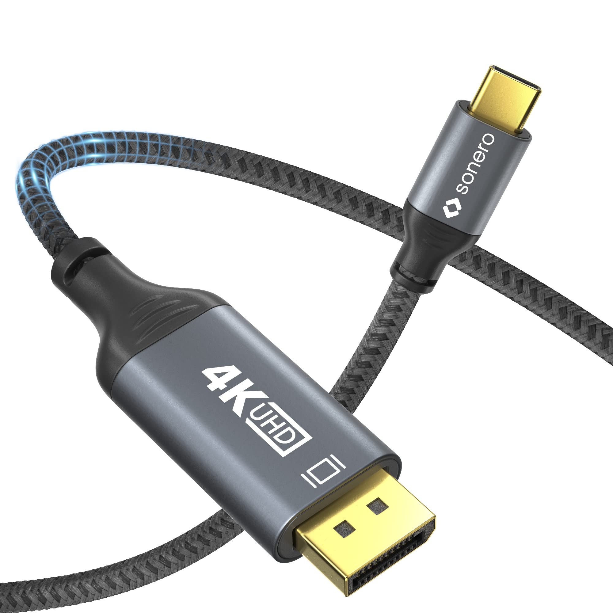 Sonero® 4K USB-C auf DisplayPort Kabel, DisplayPort Stecker auf USB-C Stecker, 4K 60Hz, 21,6 GB/s, Baumwollmantel, grau/schwarz, 2,00 Meter